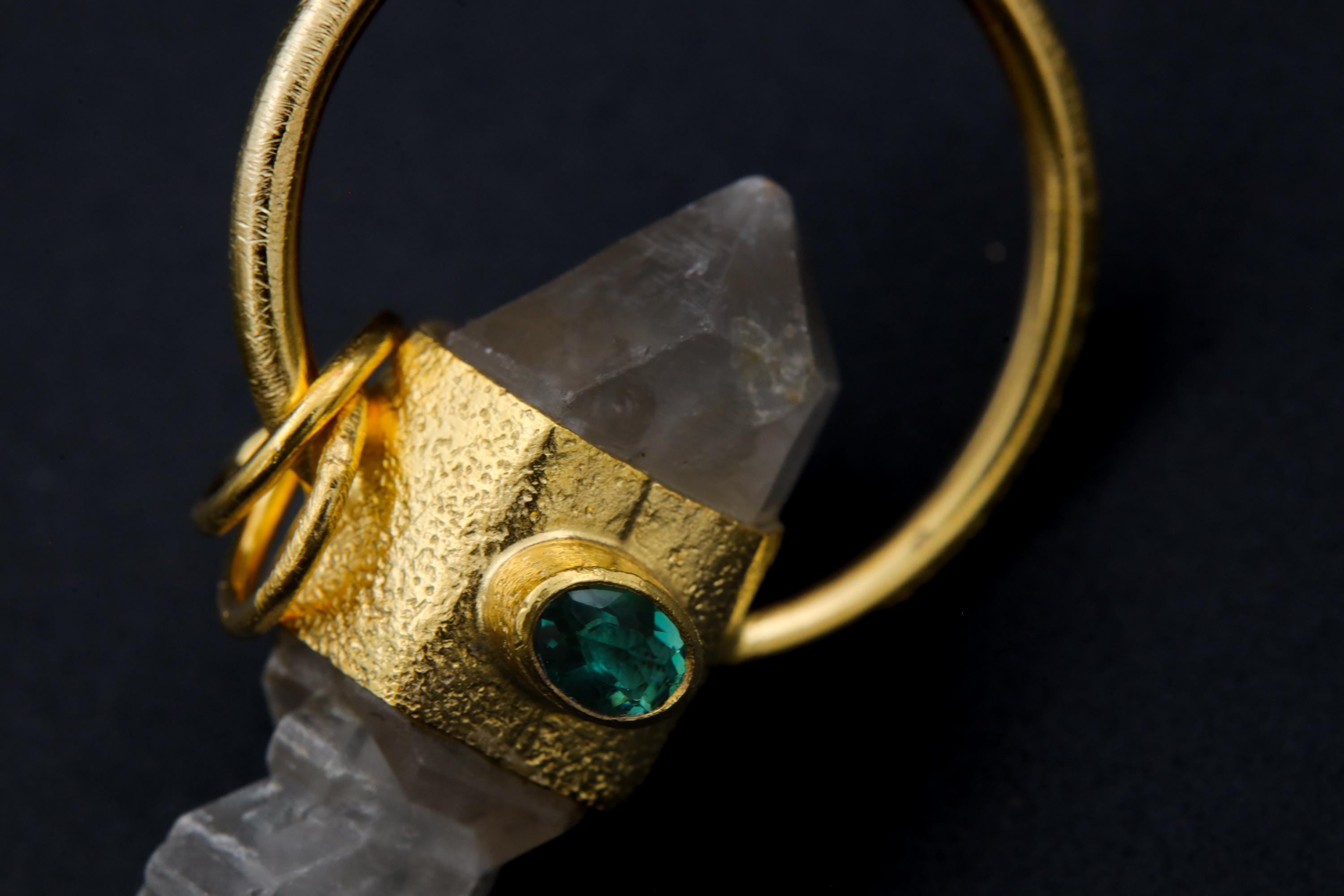 Himalayan Double Terminated Skeletal Quartz & Faceted Emerald Pendant, Sterling Silver Textured, 18K Gold Plated, Virgo Zodiac, Unique Gift