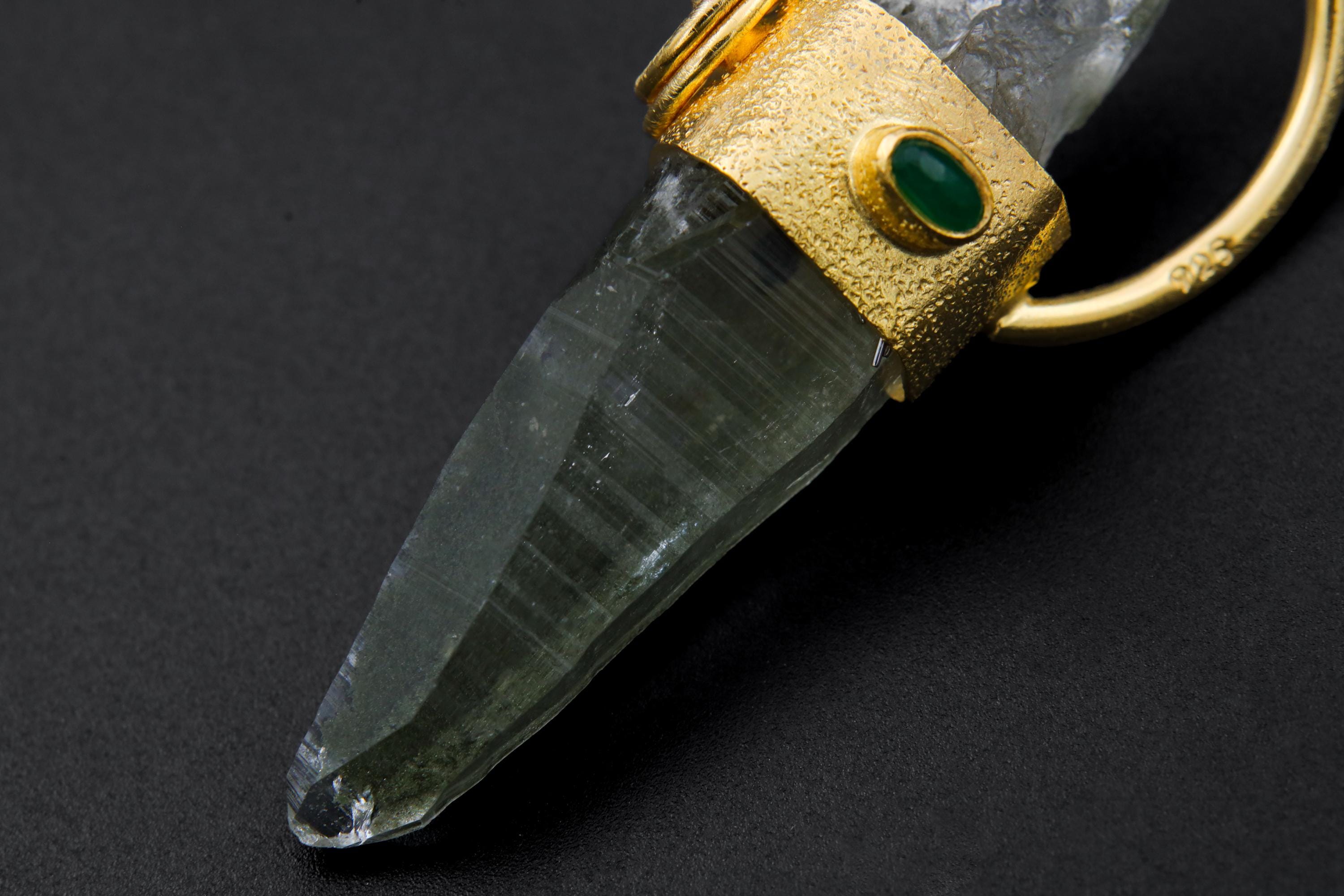 Self-Healed Lemurian Chlorite Quartz & Emerald Pendant, Sterling Silver Textured, Virgo Zodiac, Heart Chakra, Unique Gift, 18K Gold Plated