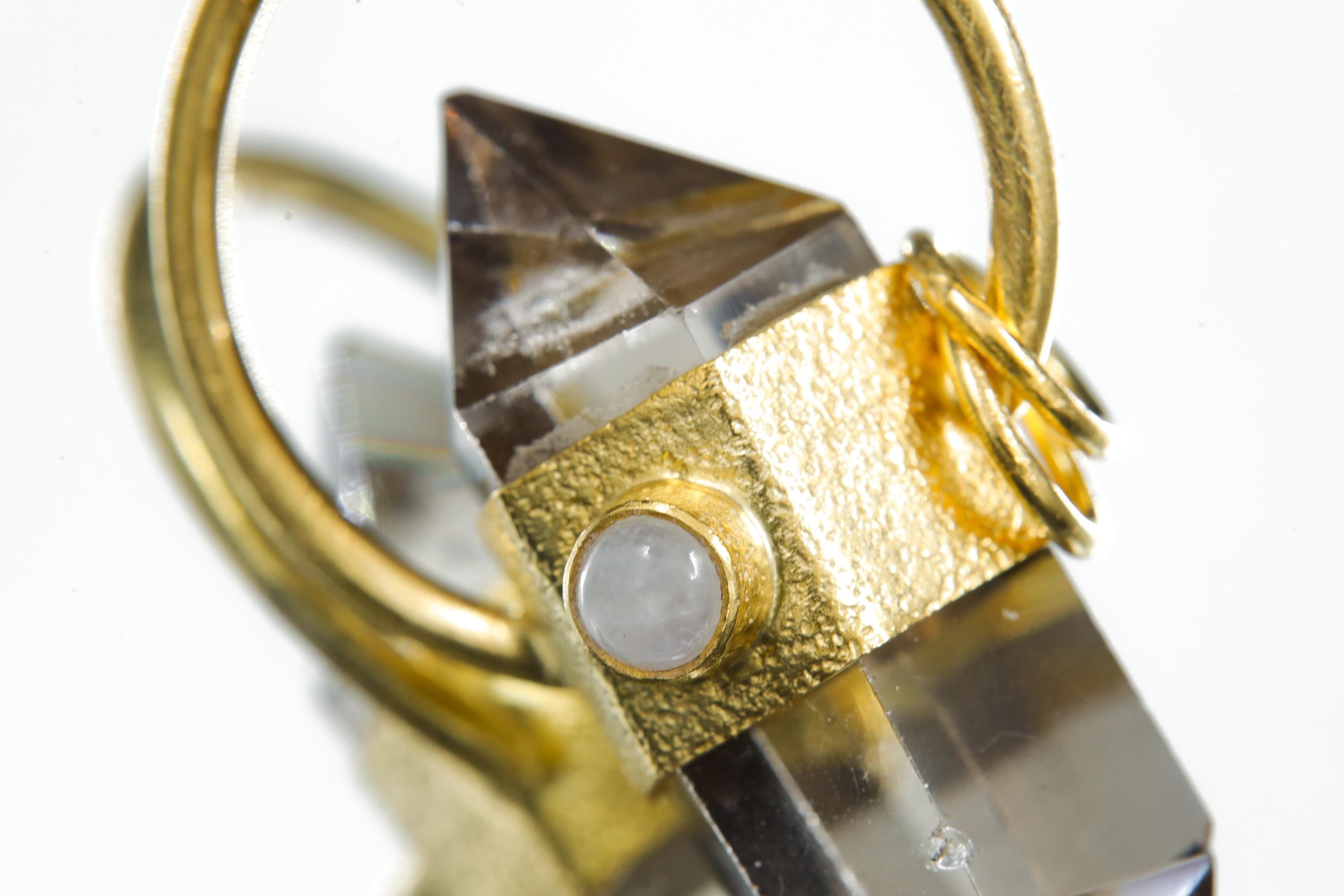 Cut Double Terminated Citrine Generator Quartz & Moonstone Pendant, Sterling Silver Textured 18k Gold Plated Sagittarius Zodiac, Unique Gift