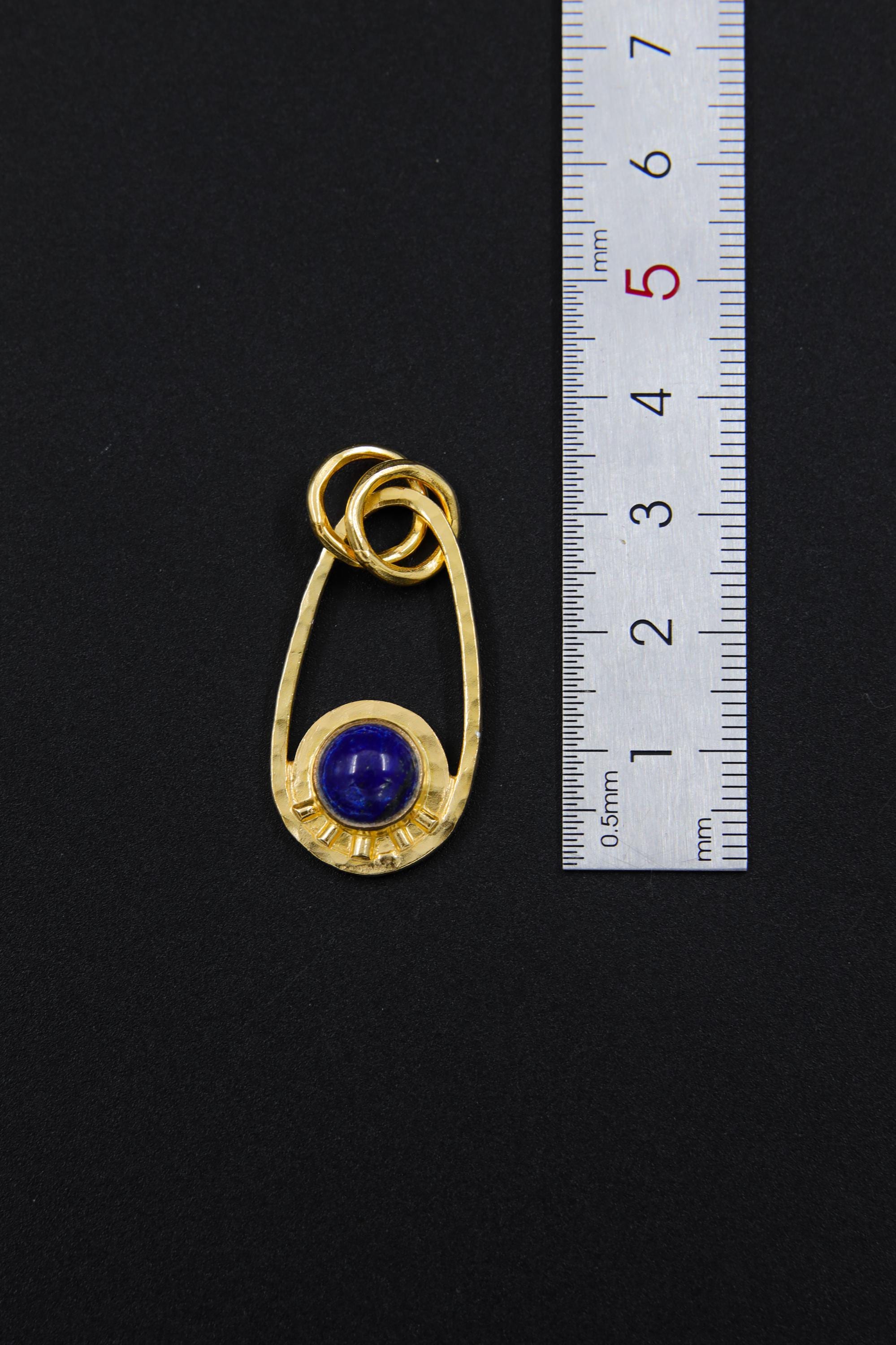 Round Lapis Lazuli Cab Pendant, Textured Sterling Silver, Sun & Moon Design, Throat Chakra, Sagittarius Zodiac, Unique Gift, 18K Gold Plated