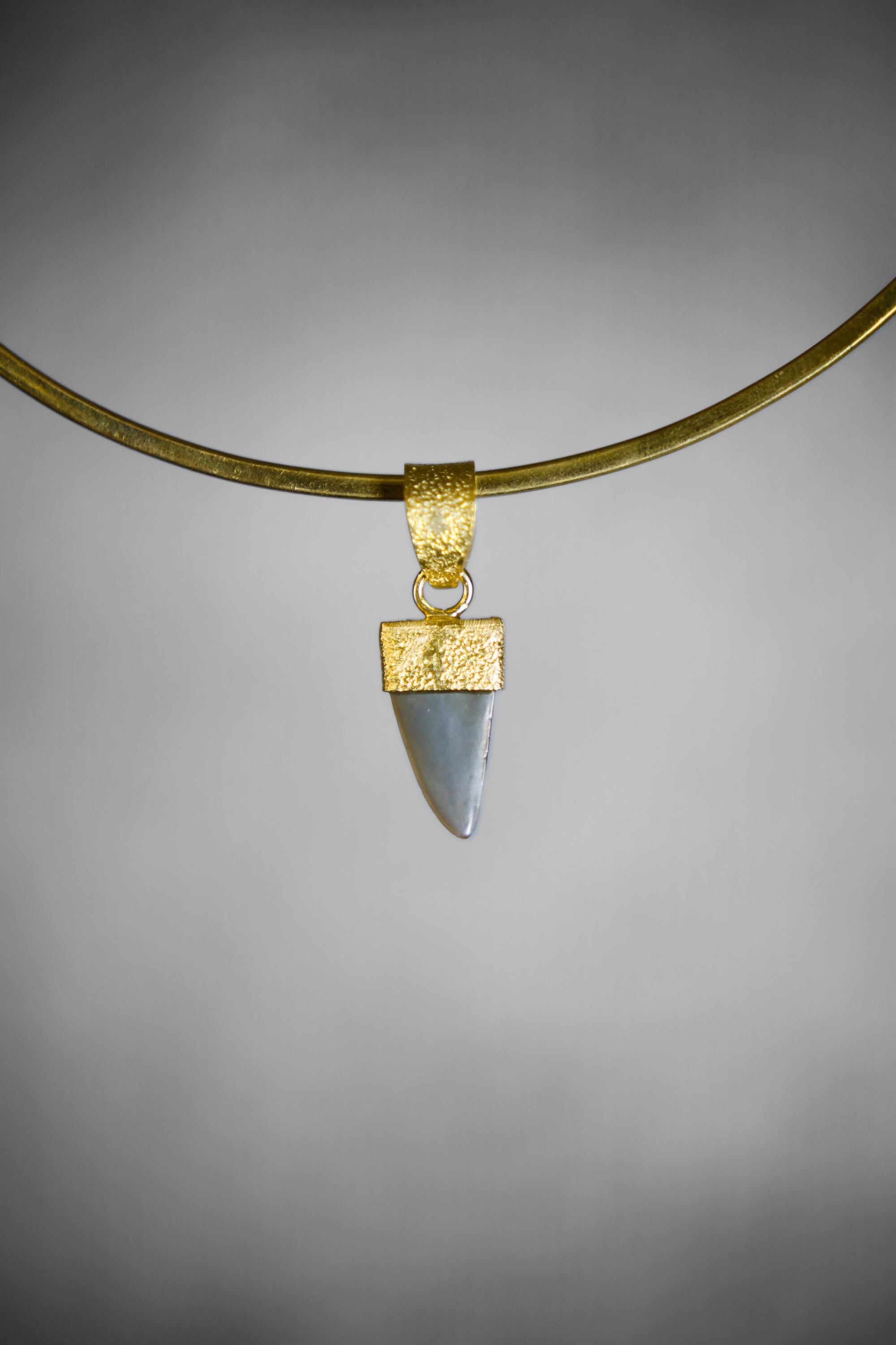 Ancient Megalodon Tooth adorned with Raw Green Tourmaline & Aquamarine Cabochon - Crystal Pendant Neckpiece - Gold Plated 18K - NO/01