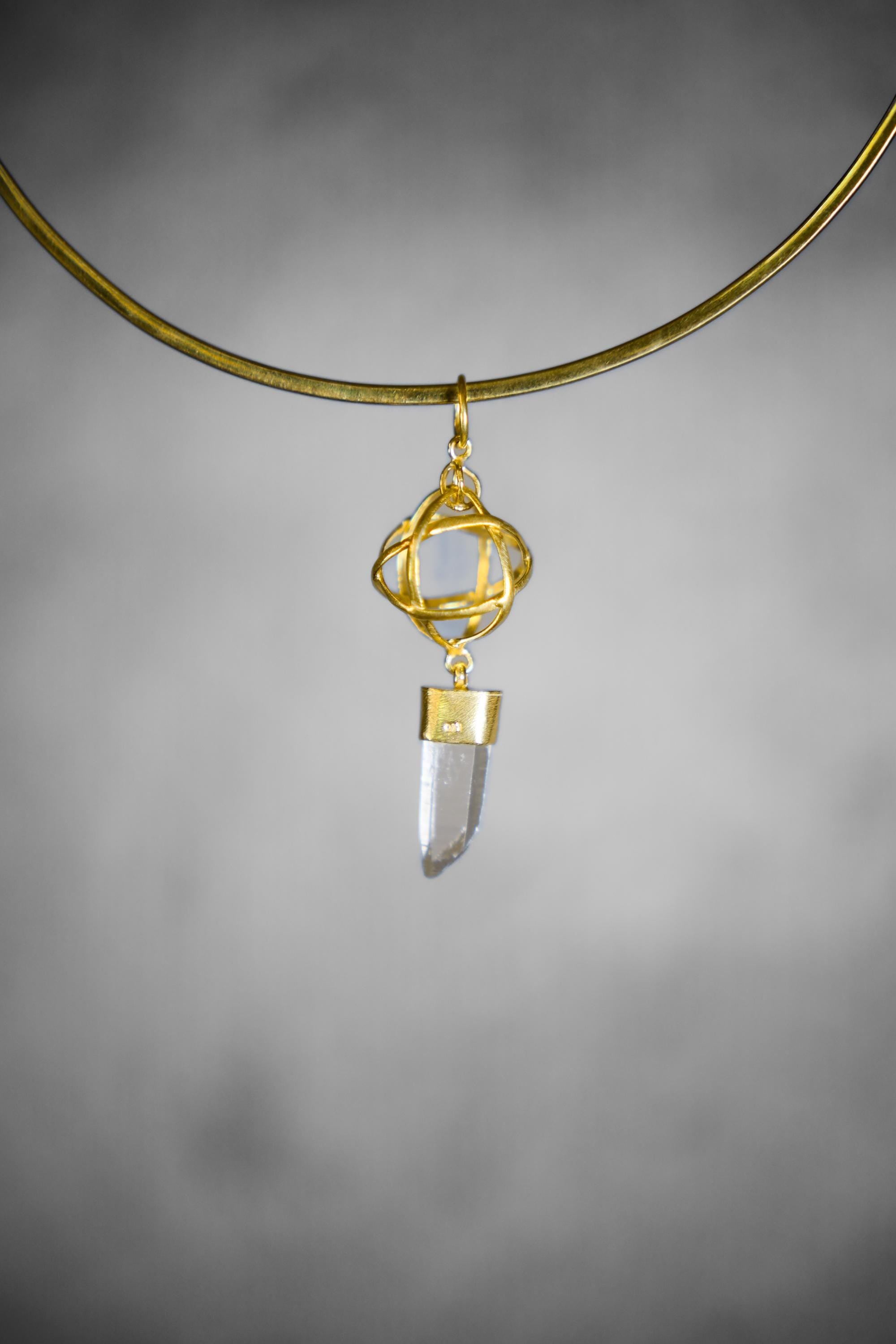 Himalayan Lemurian Quartz Point & Oval Blue Moonstone Pendant, Brush Textured Sterling Silver Third Eye Chakra Cancer Zodiac 18k Gold Plated