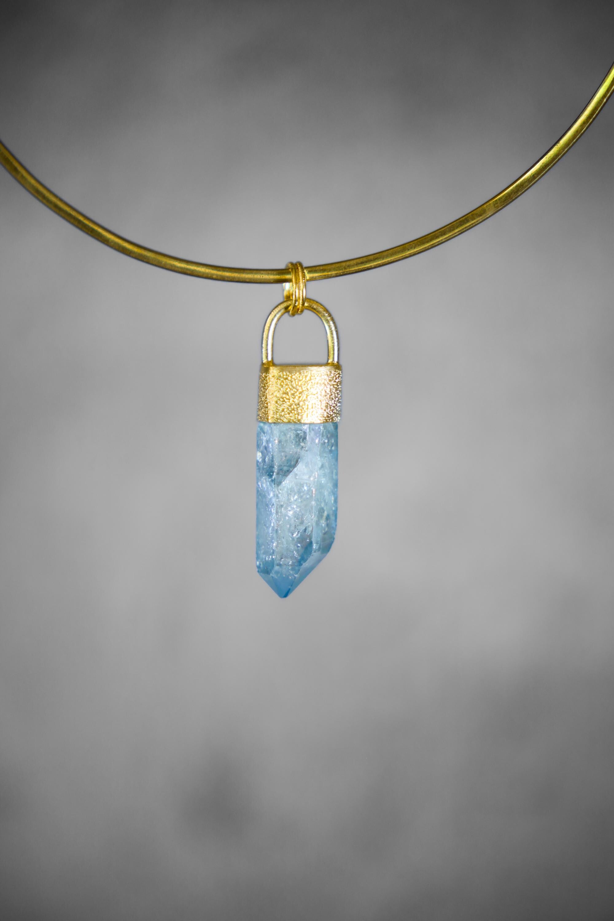 Aqua Aura Twin Quartz & Australian Opal Pendant 18K Gold-Plated Textured Sterling Silver Cancer, Crown Chakra Unique Birthstone Gift - NO/04