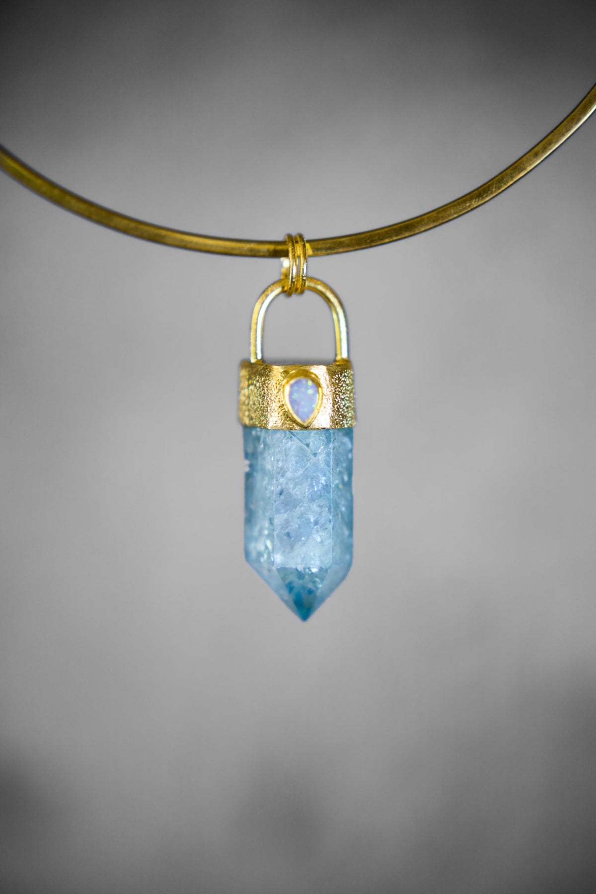 Australian Opal & Aqua Aura Twin Quartz Pendant, 18K Gold-Plated Textured Sterling Silver, Crown Chakra, Pisces, Birthstone Gift - NO/03