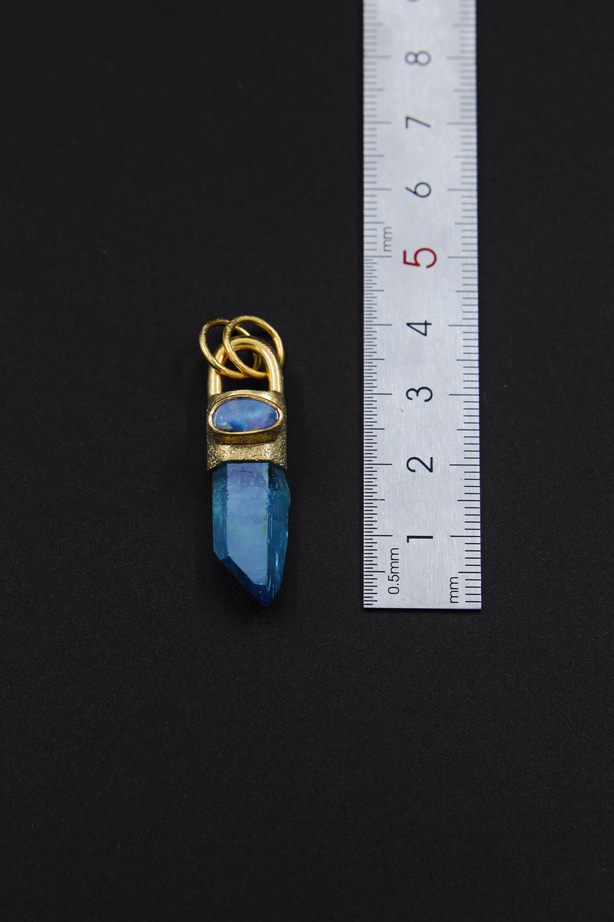 Aqua Aura Twin Quartz & Australian Opal Pendant, 18K Gold-Plated Textured Sterling Silver, Crown Chakra, Leo Zodiac, Unique Gift - NO/01