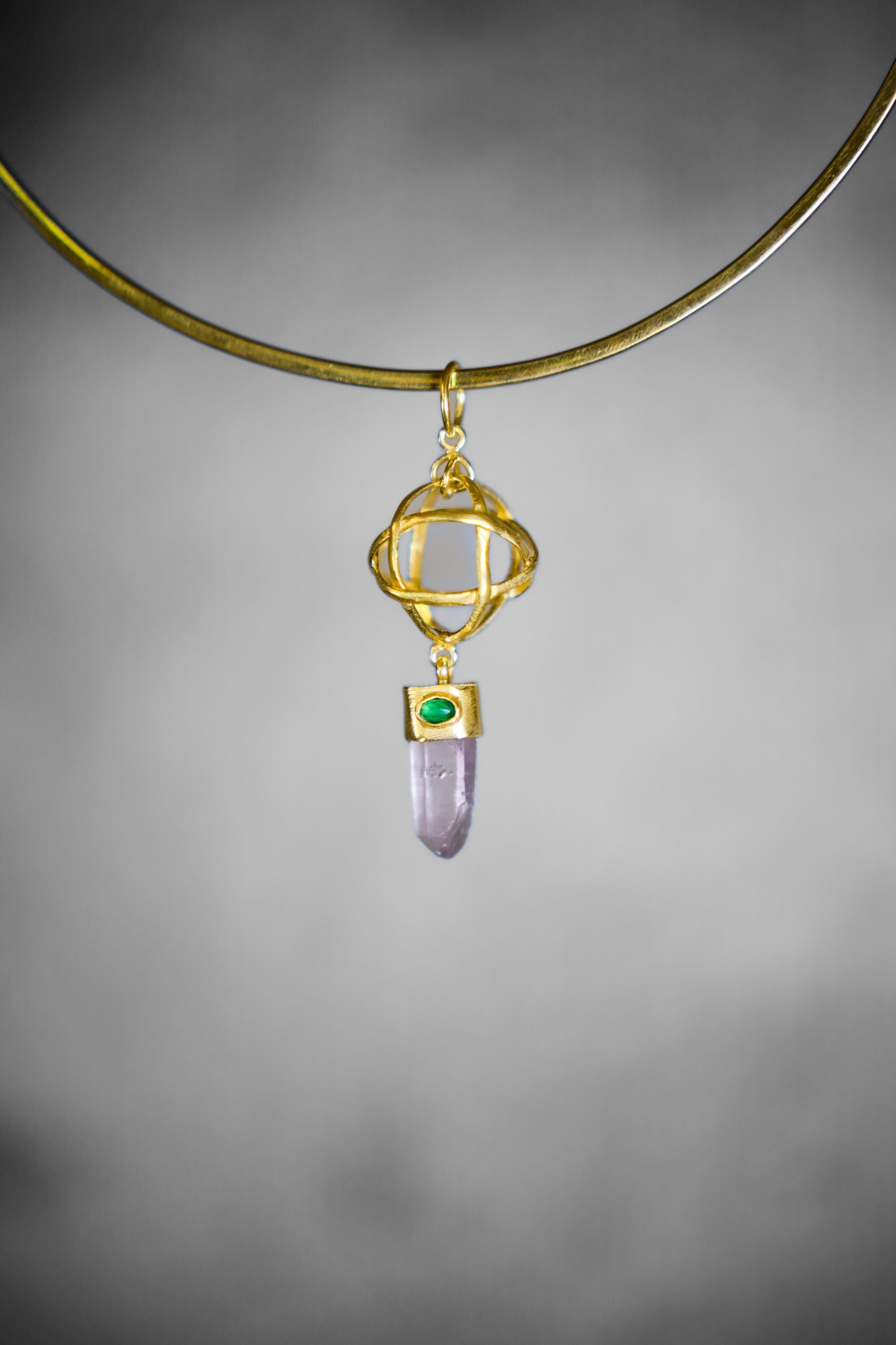 Vera Cruz Amethyst Point and Eye-Shaped Faceted Emerald Pendant, 18k Gold-Plated Sterling Silver, Crown & Heart Chakra, Unique Gift