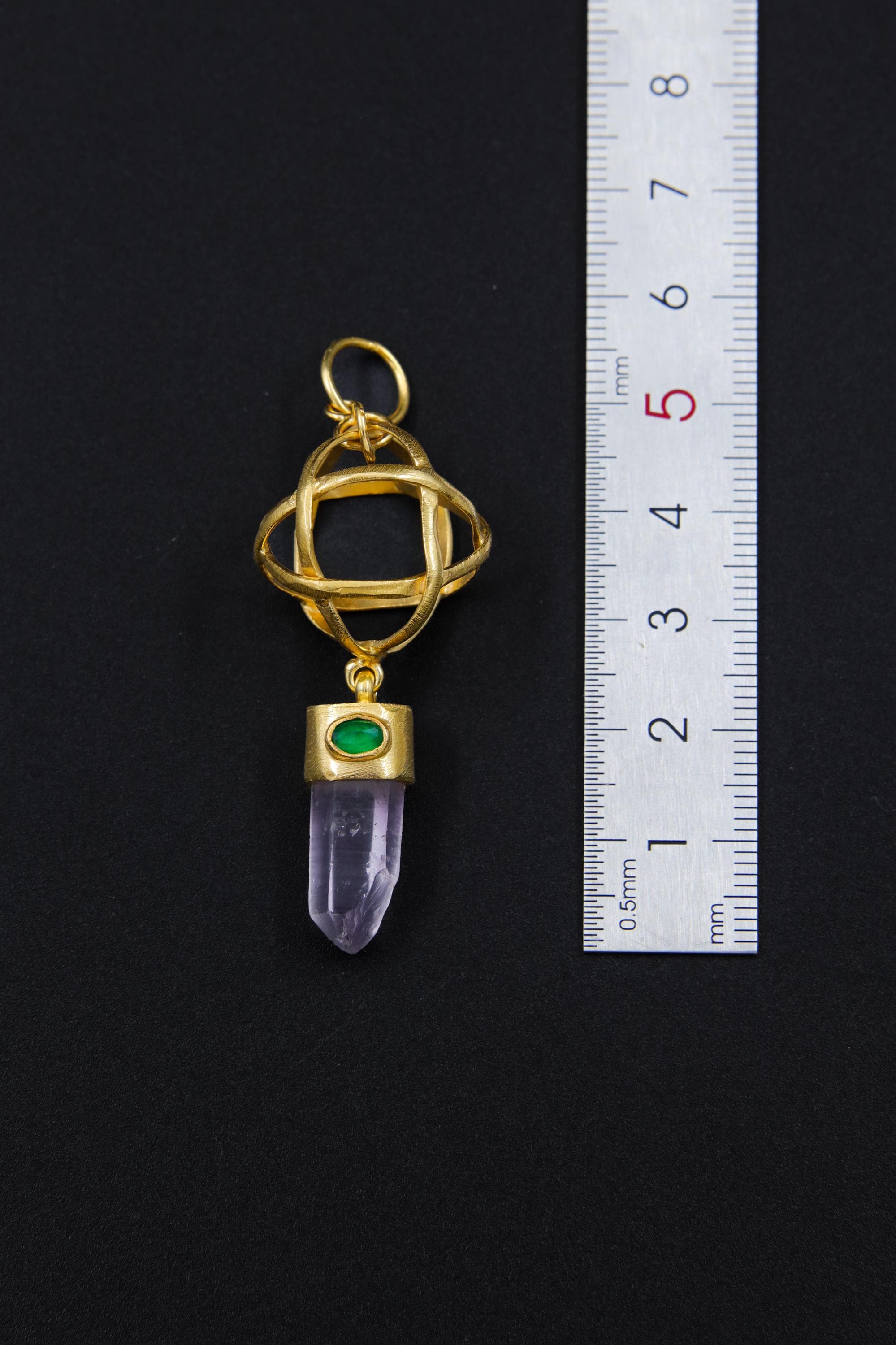 Vera Cruz Amethyst Point and Eye-Shaped Faceted Emerald Pendant, 18k Gold-Plated Sterling Silver, Crown & Heart Chakra, Unique Gift