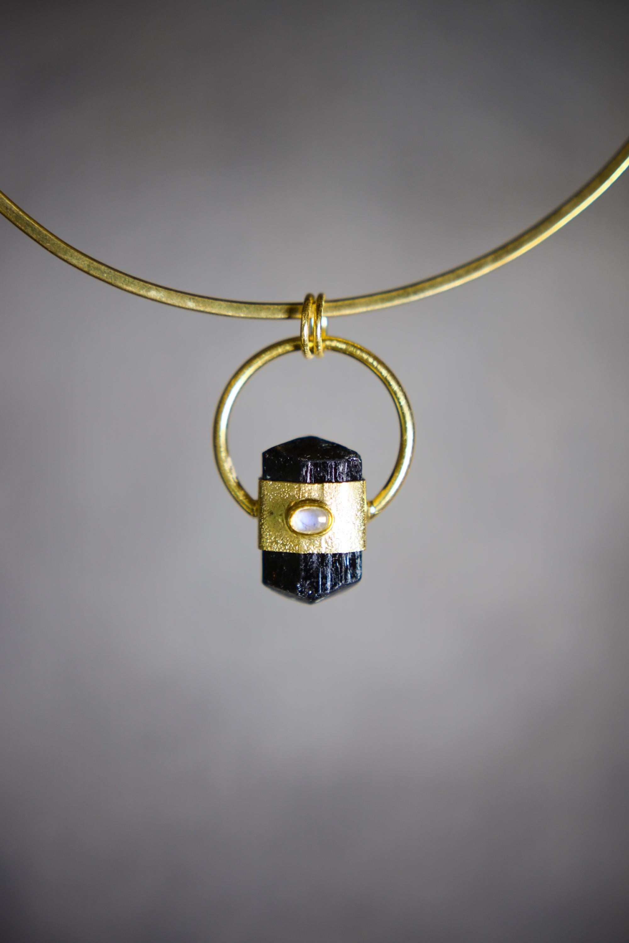 Black Tourmaline & Moonstone Pendant, 18k Gold Plated, Sterling Silver Textured, Capricorn, Cancer Zodiac, Root, Crown Chakras, Unique Gift