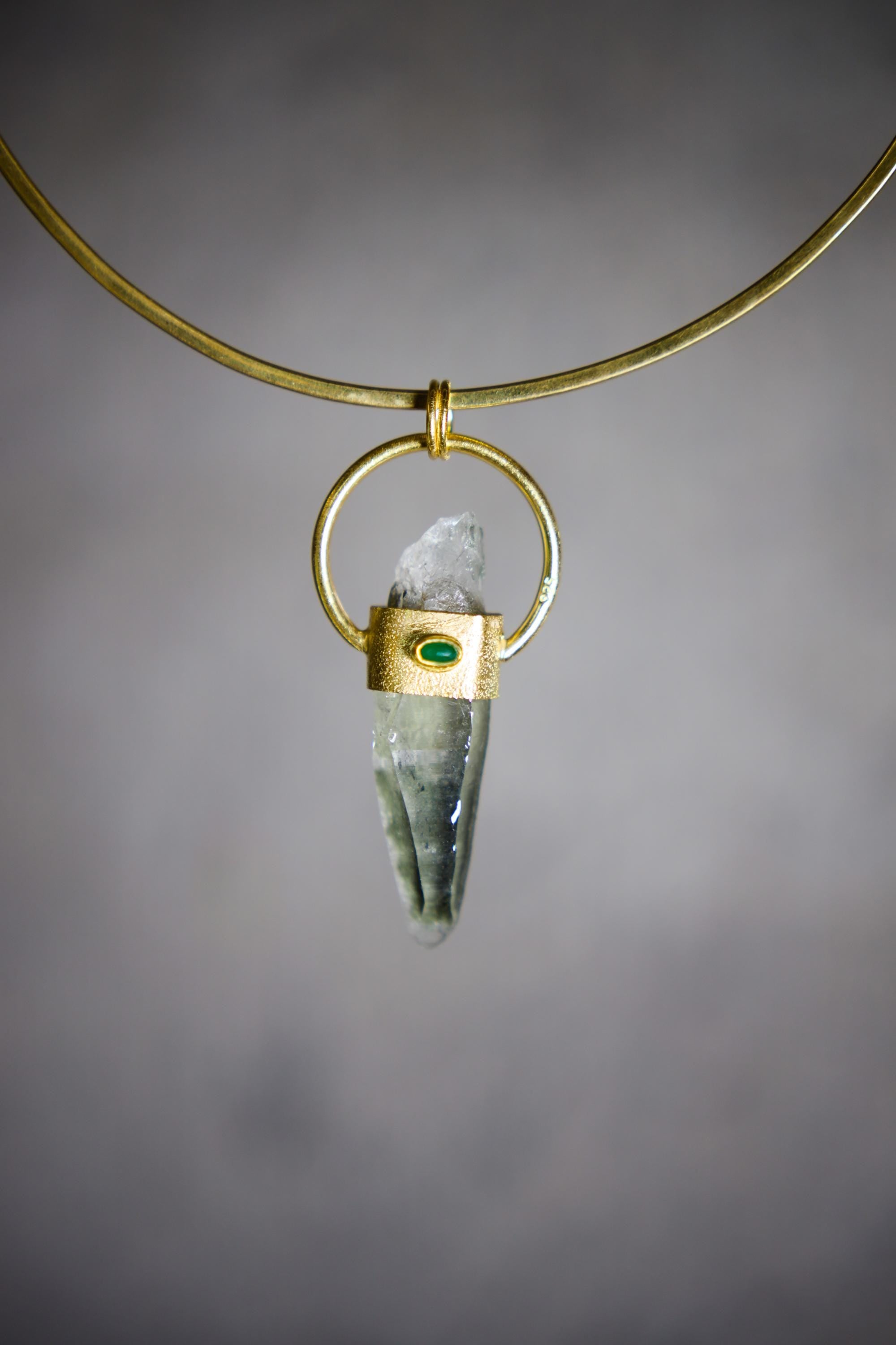 Self-Healed Lemurian Chlorite Quartz & Emerald Pendant, Sterling Silver Textured, Virgo Zodiac, Heart Chakra, Unique Gift, 18K Gold Plated