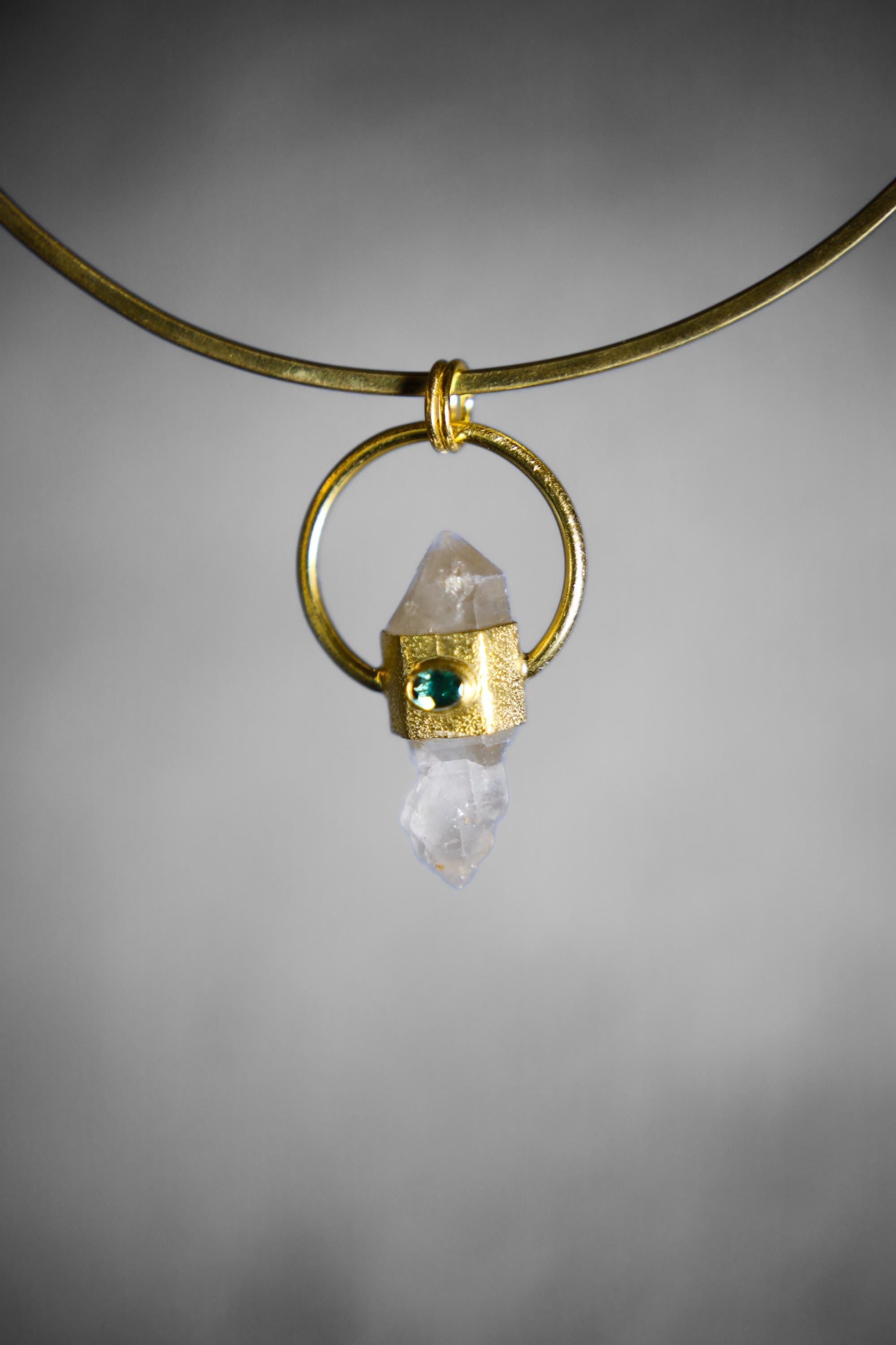 Himalayan Double Terminated Skeletal Quartz & Faceted Emerald Pendant, Sterling Silver Textured, 18K Gold Plated, Virgo Zodiac, Unique Gift