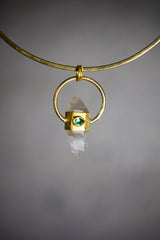 Himalayan Double Terminated Skeletal Quartz & Faceted Emerald Pendant, Sterling Silver Textured, 18K Gold Plated, Virgo Zodiac, Unique Gift