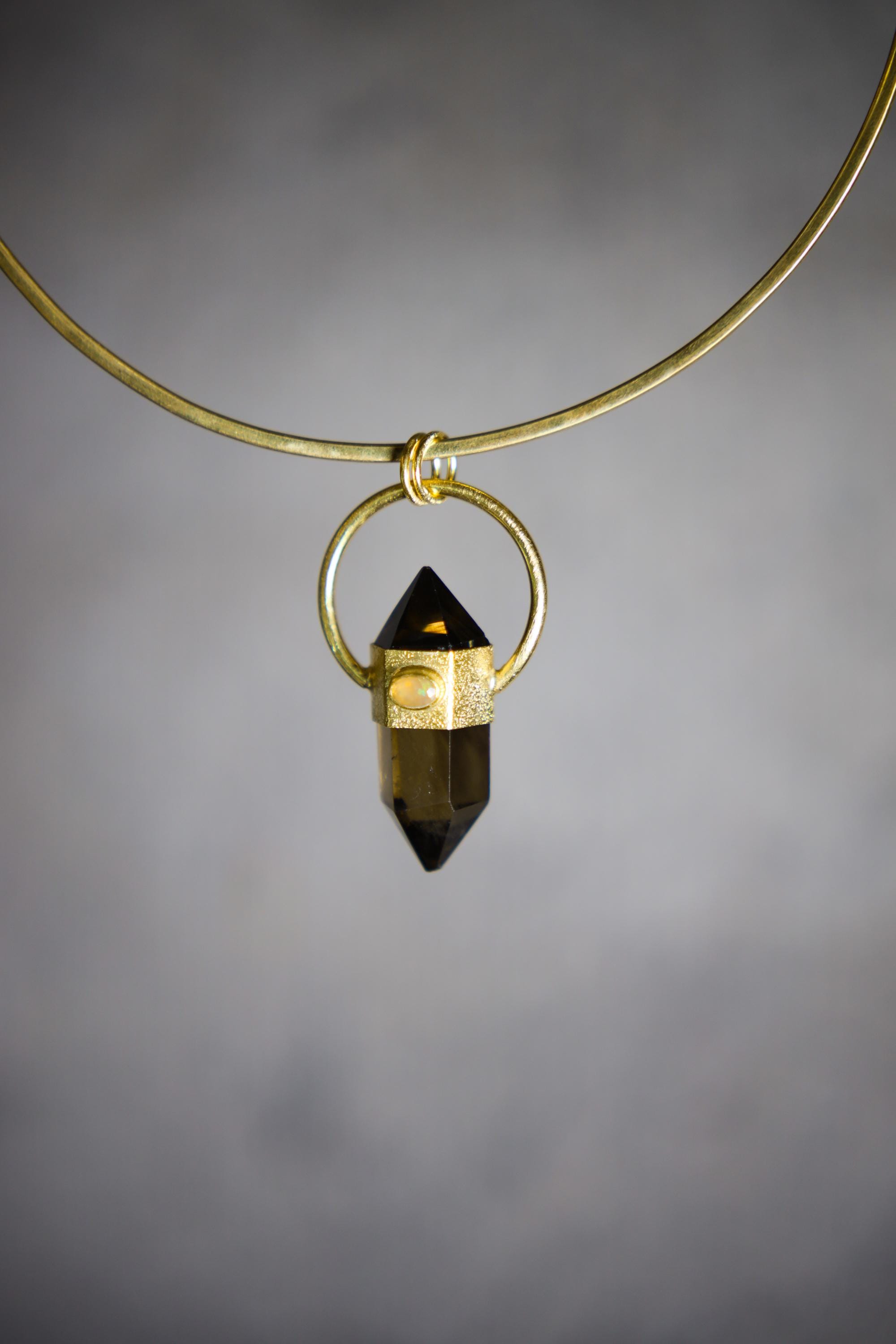 Double Terminated Citrine Generator Quartz & Ethiopian Opal Pendant, 18K Gold-Plated Sterling Silver, , Sagittarius Zodiac, Unique Gift