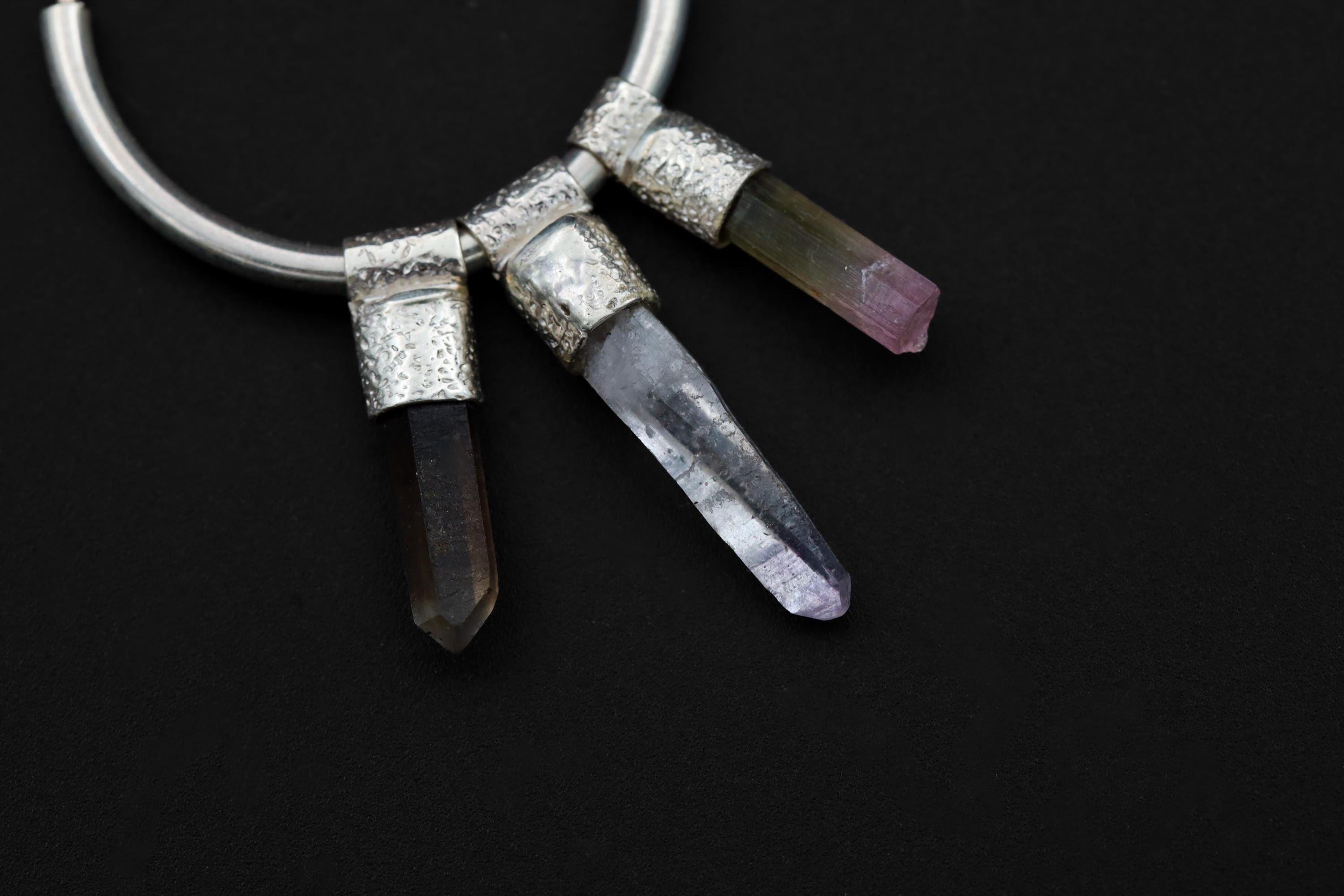 Smoky Quartz, Vera Cruz Amethyst, Watermelon Tourmaline, Pearl & Himalayan Quartz Stack Pendant Earrings, Sterling Silver, Unique Gift