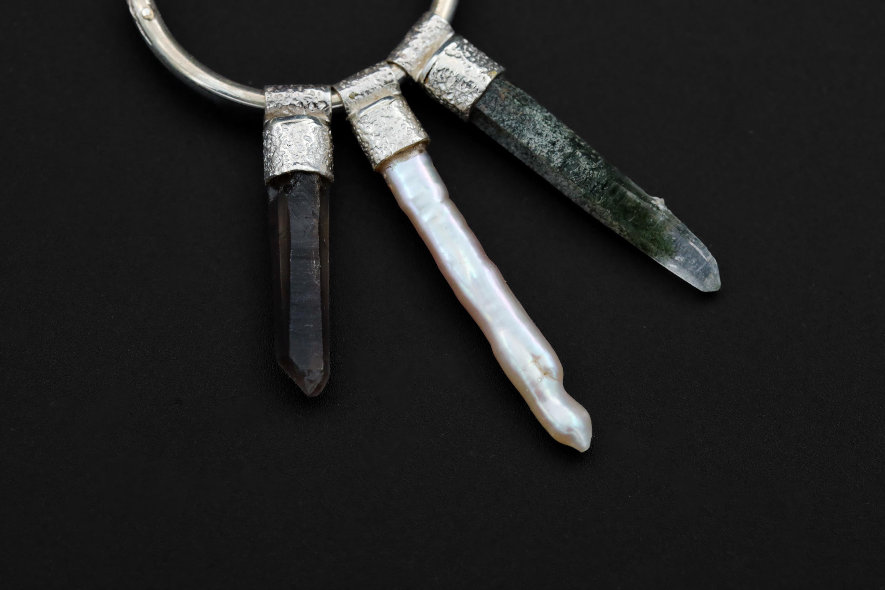 Smoky Quartz, Vera Cruz Amethyst, Watermelon Tourmaline, Pearl & Himalayan Quartz Stack Pendant Earrings, Sterling Silver, Unique Gift