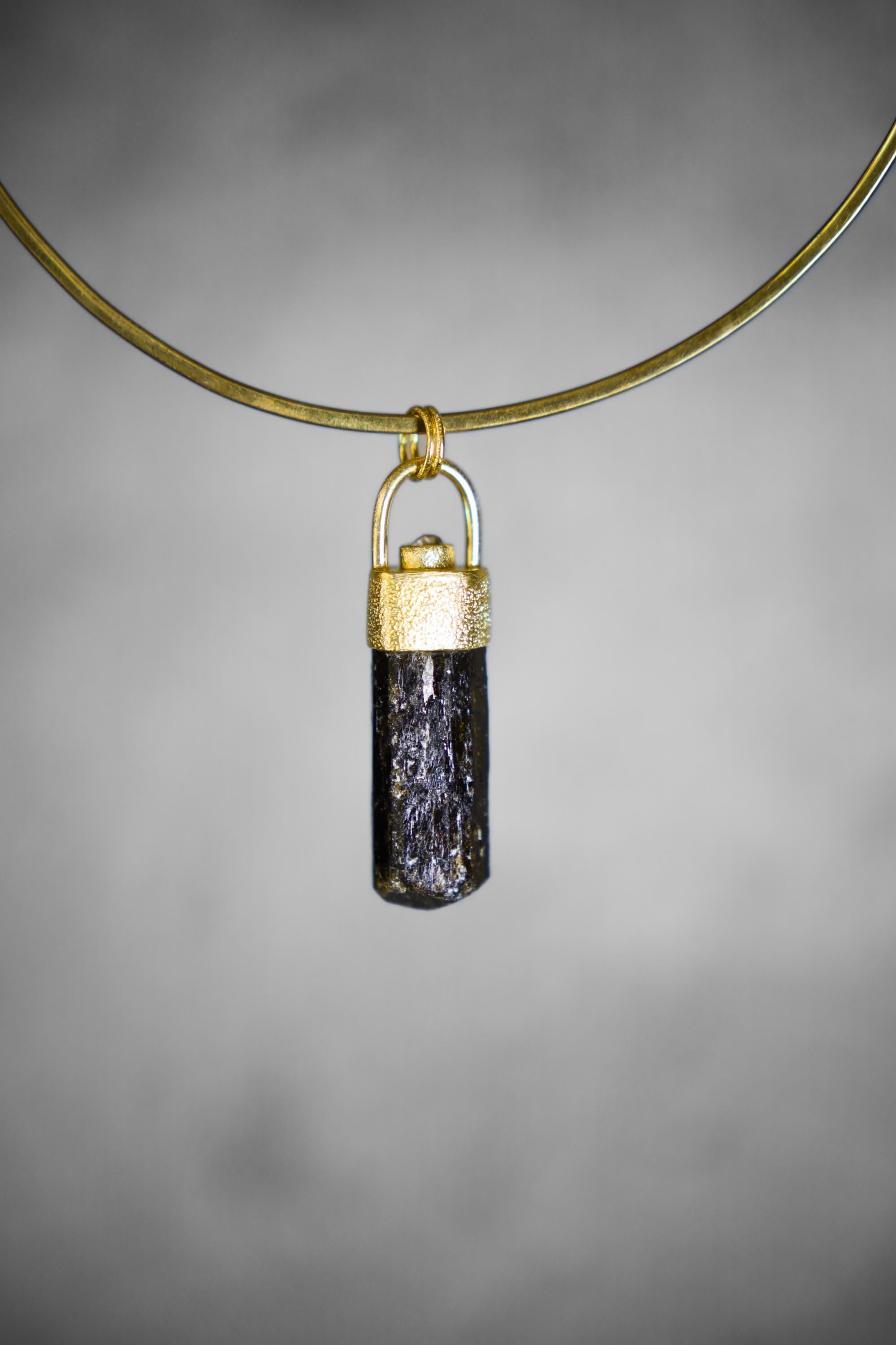 Himalayan Terminated Brown Dravite Tourmaline & Diamond Pendant, Sterling Silver, Sand Texture, 18K Gold-Plated, Unique Gift - NO/05