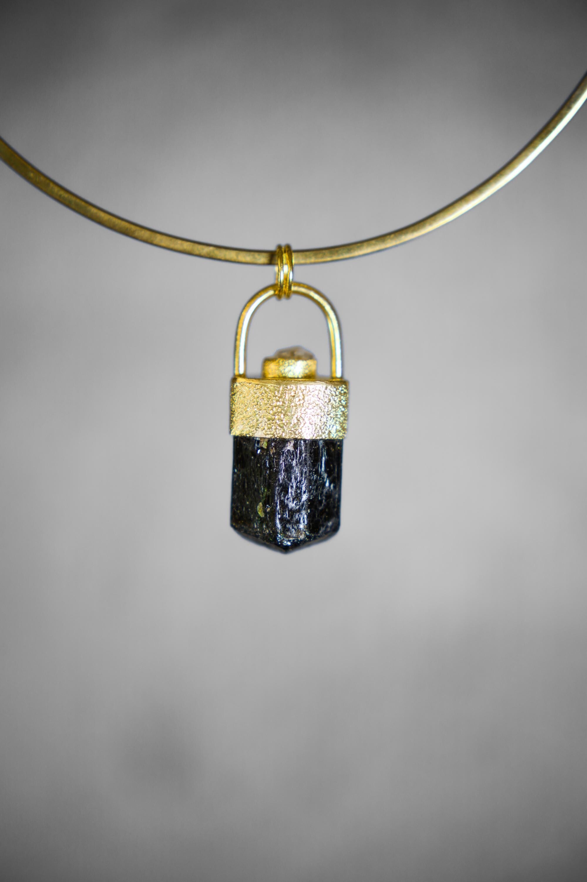 Himalayan Terminated Brown Dravite Tourmaline & Diamond Pendant, Sterling Silver, Sand Texture, 18K Gold-Plated, Unique Gift - NO/02