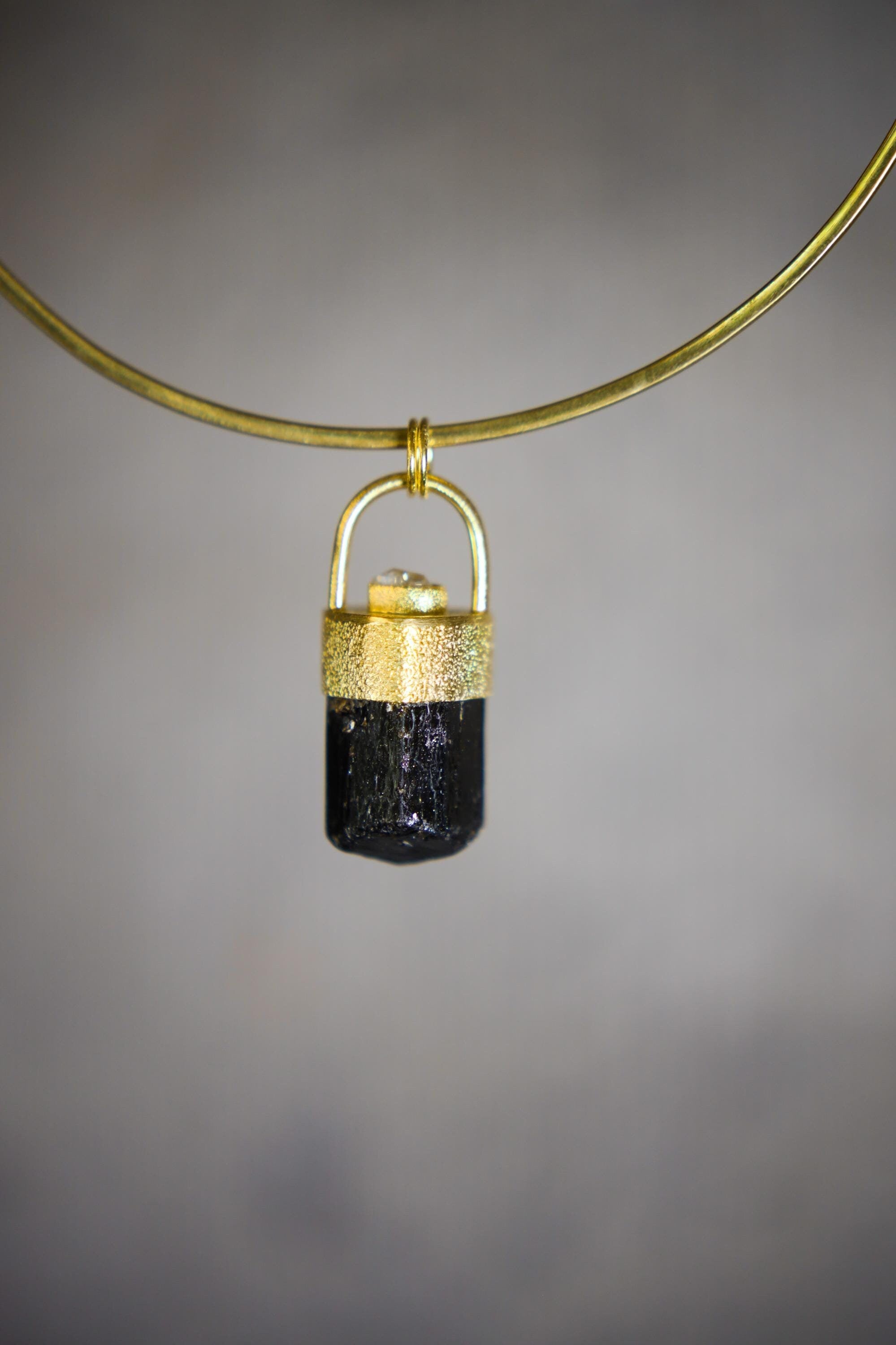 Himalayan Terminated Brown Dravite Tourmaline & Diamond Pendant, Sterling Silver, Sand Texture, 18K Gold-Plated, Unique Gift - NO/02