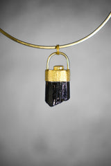 Himalayan Terminated Brown Dravite Tourmaline & Diamond Pendant, Textured Sterling Silver, 18K Gold-Plated, Unique Gift, Root Chakra- NO/03