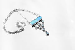 Long Square Opal, Round Aquamarine & Raw Blue Apatite Necklace, Sterling Silver, Throat Chakra, Zodiac Pisces, Unique Gift