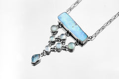 Long Square Opal, Round Aquamarine & Raw Blue Apatite Necklace, Sterling Silver, Throat Chakra, Zodiac Pisces, Unique Gift