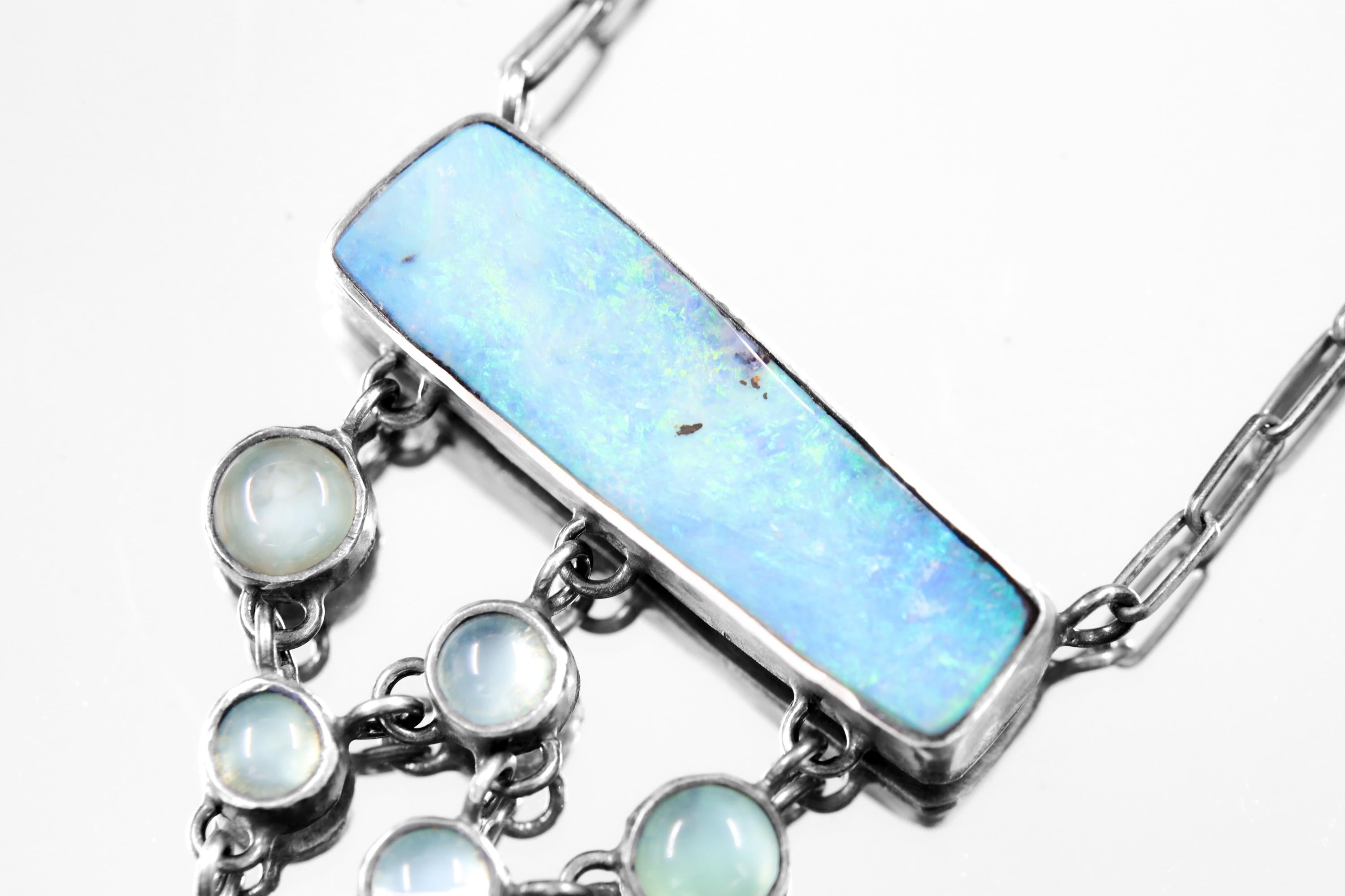 Long Square Opal, Round Aquamarine & Raw Blue Apatite Necklace, Sterling Silver, Throat Chakra, Zodiac Pisces, Unique Gift