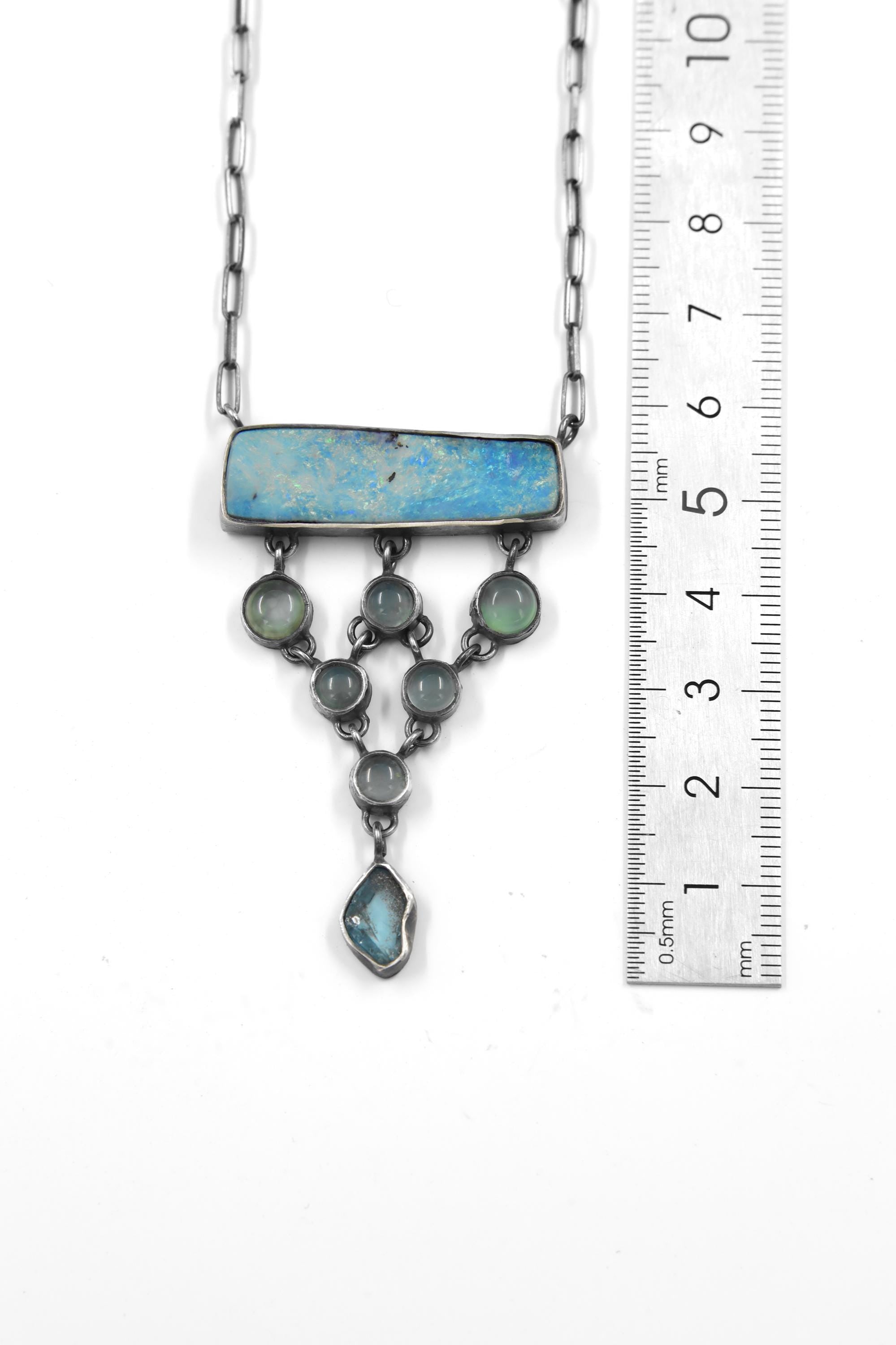 Long Square Opal, Round Aquamarine & Raw Blue Apatite Necklace, Sterling Silver, Throat Chakra, Zodiac Pisces, Unique Gift