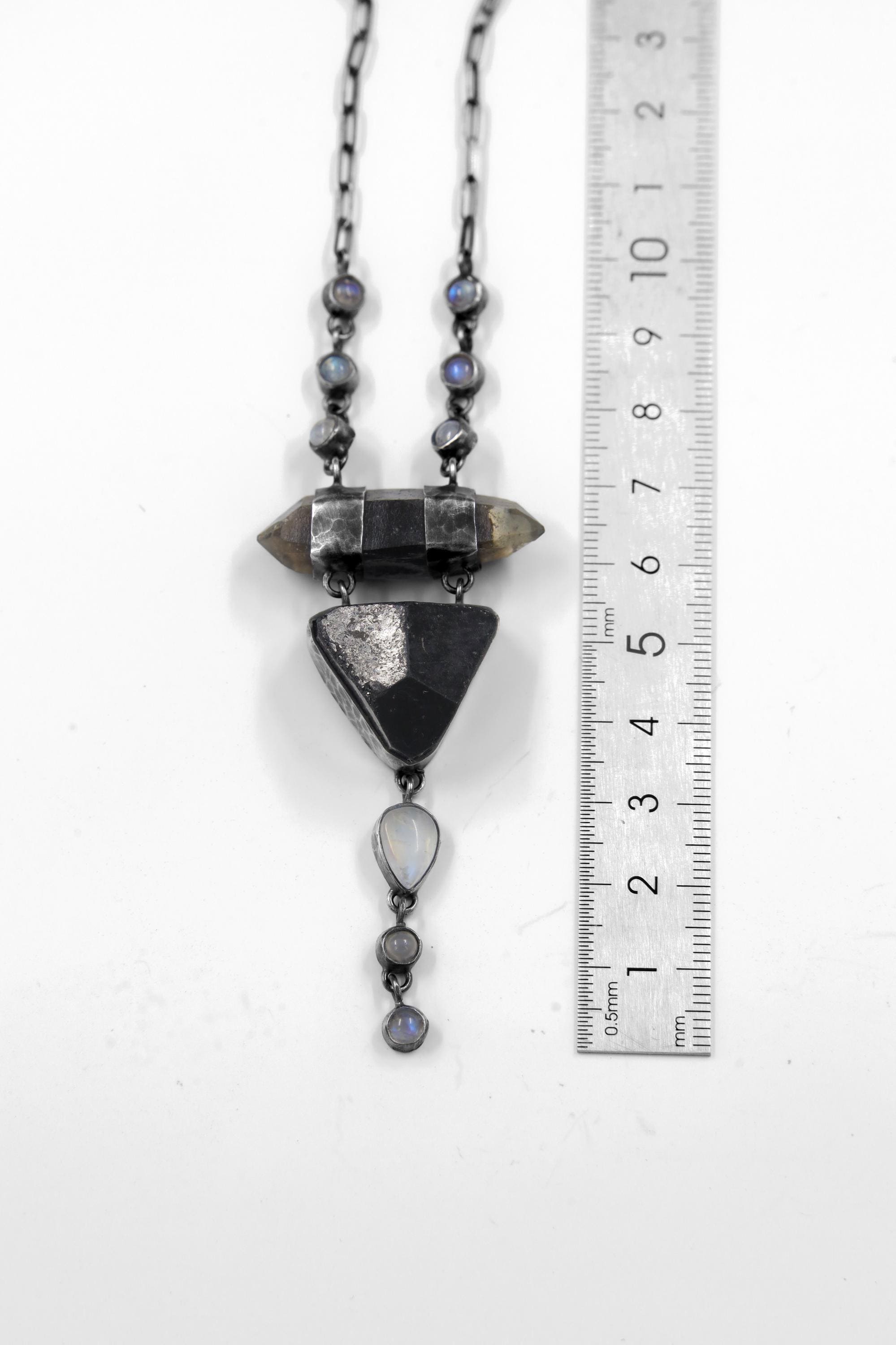 Raw Smokey Citrine Phantom Quartz, Blue Moonstone & Brown Dravite Tourmaline Necklace, Sterling Silver, Oxidized, Crown Chakra, Unique Gift