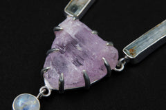 Pink Kunzite, Aquamarine & Blue Moonstone Pendant, Shiny Sterling Silver, Heart and Throat Chakra, Unique Gift