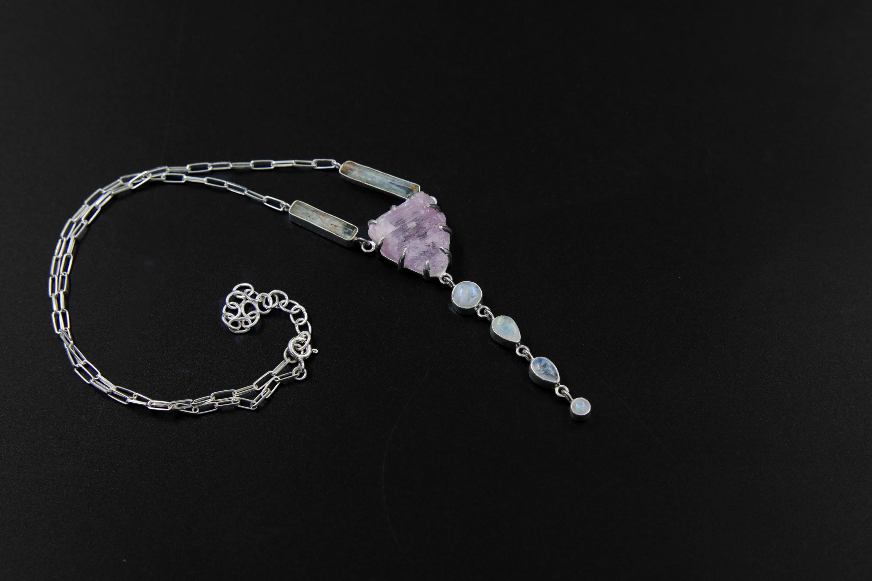 Pink Kunzite, Aquamarine & Blue Moonstone Pendant, Shiny Sterling Silver, Heart and Throat Chakra, Unique Gift