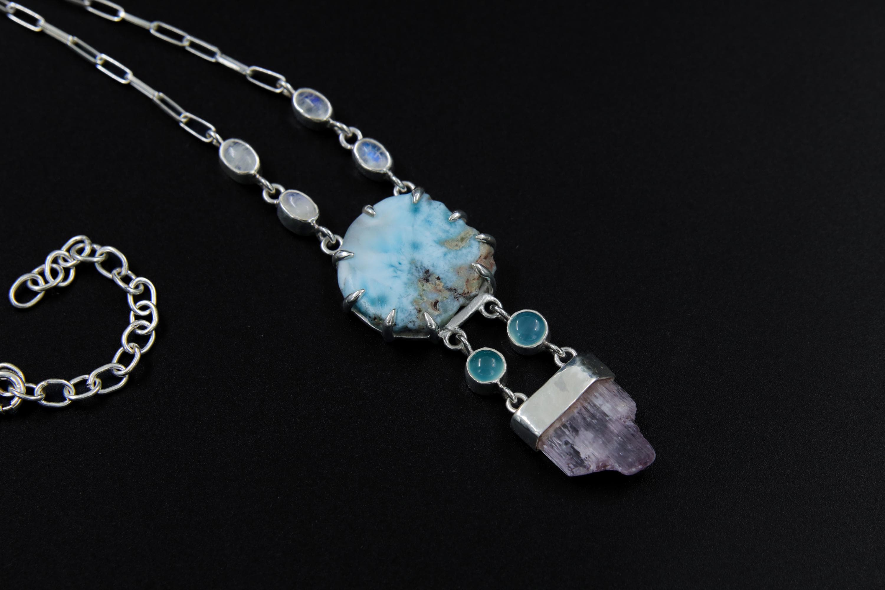 Larimar & Kunzite Pendant, Atlantis Stone Jewelry, Sterling Silver, Lemurian Energy Necklace, Ancient Light Seeker, Gift for a Visionary