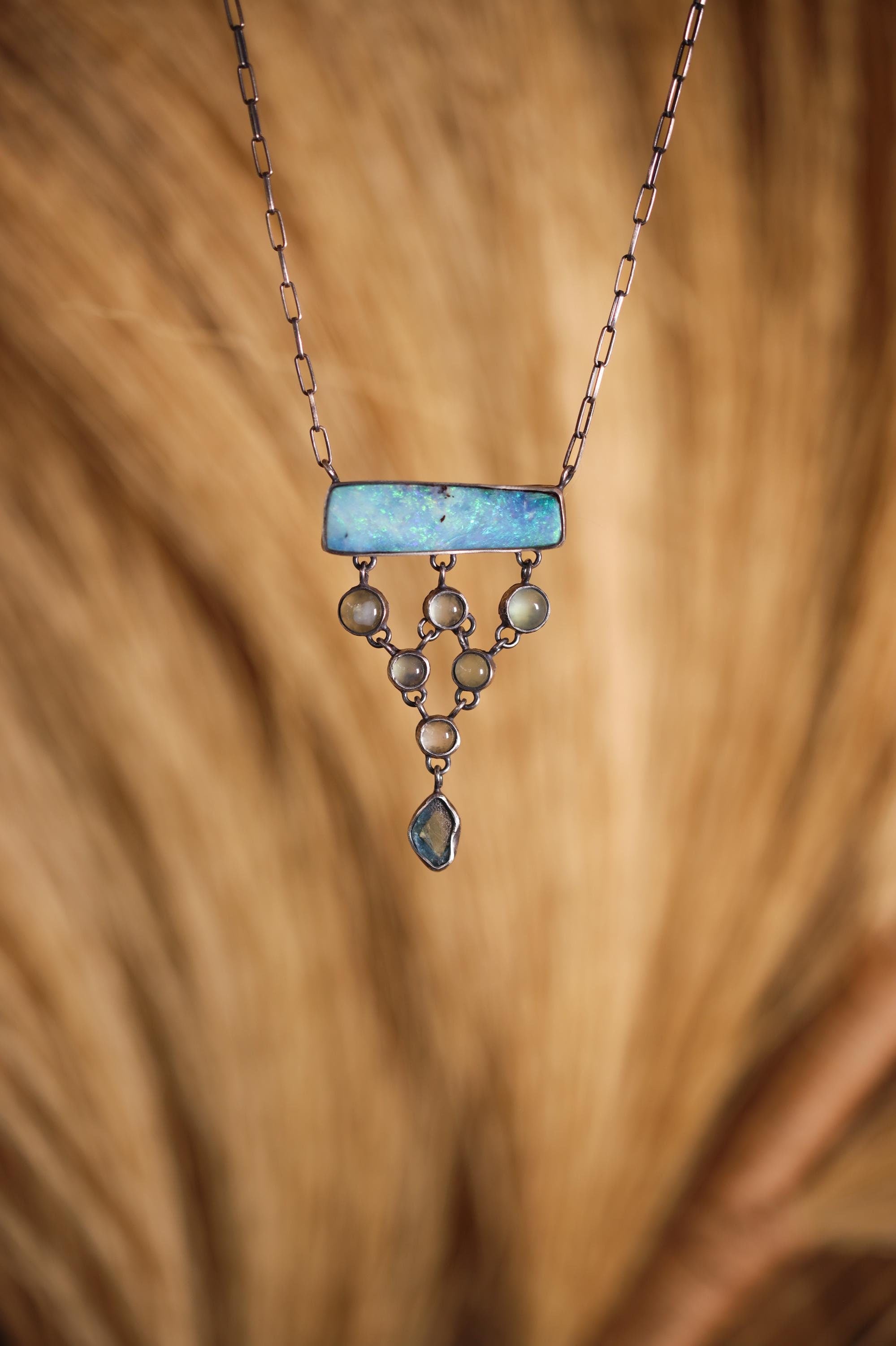 Long Square Opal, Round Aquamarine & Raw Blue Apatite Necklace, Sterling Silver, Throat Chakra, Zodiac Pisces, Unique Gift