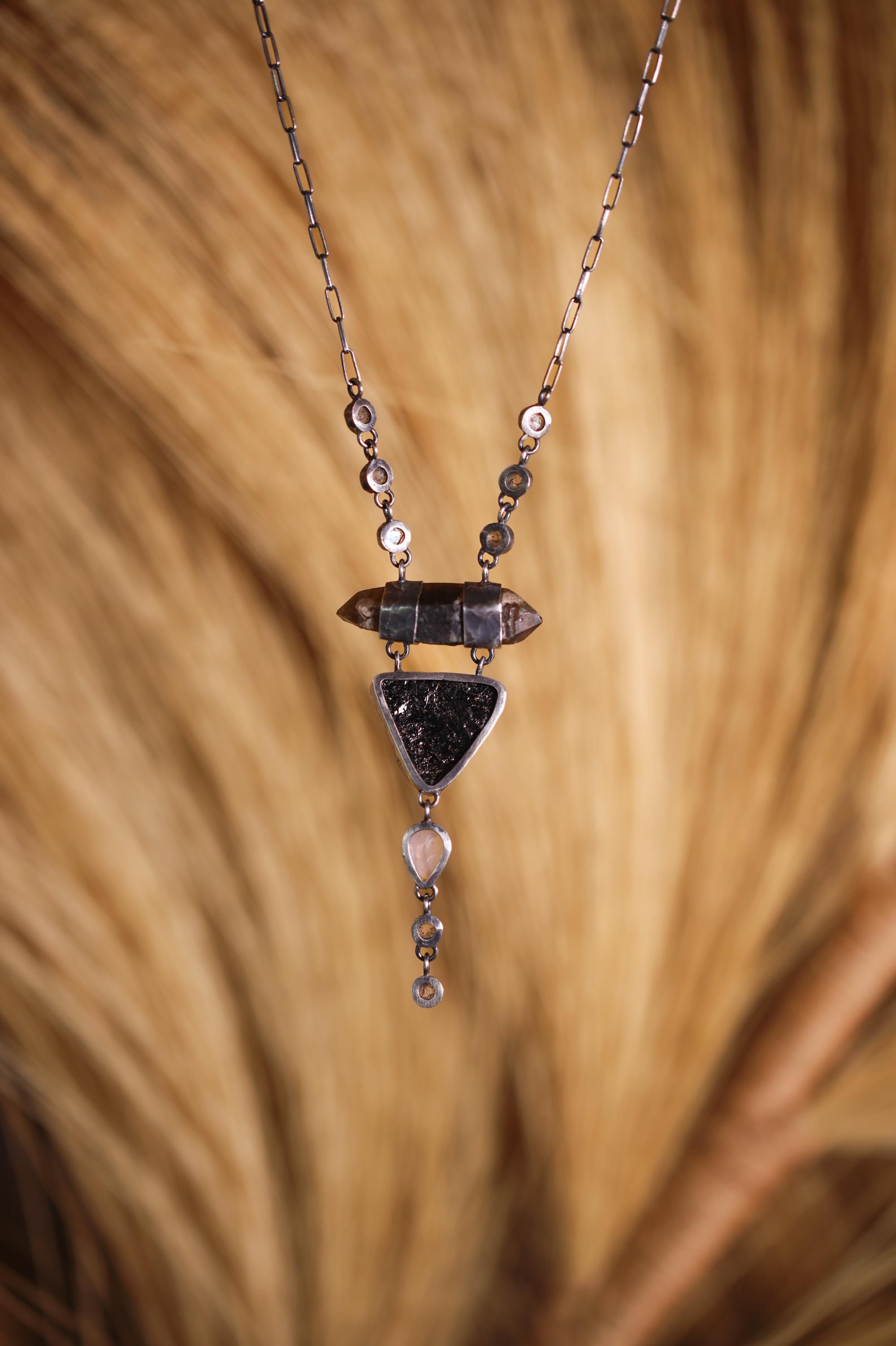 Raw Smokey Citrine Phantom Quartz, Blue Moonstone & Brown Dravite Tourmaline Necklace, Sterling Silver, Oxidized, Crown Chakra, Unique Gift