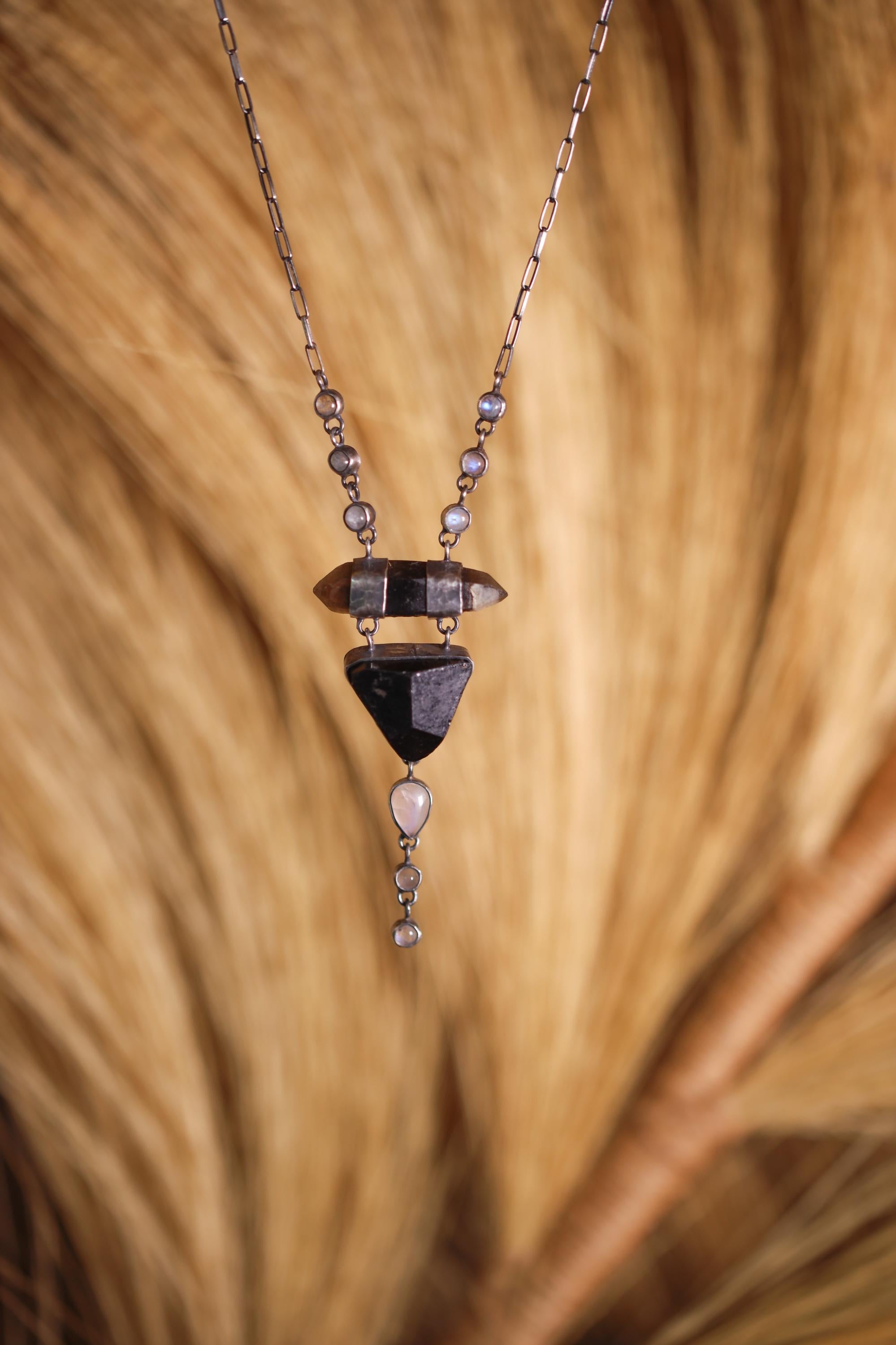 Raw Smokey Citrine Phantom Quartz, Blue Moonstone & Brown Dravite Tourmaline Necklace, Sterling Silver, Oxidized, Crown Chakra, Unique Gift