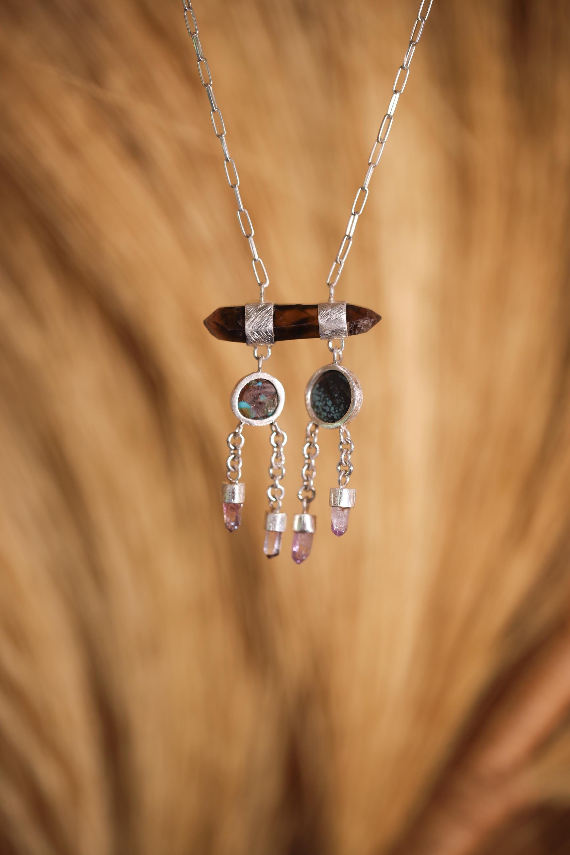 Smoky Quartz & Turquoise Dreamcatcher Pendant, Sterling Silver, Brushed Finish, Vera Cruz Amethyst Drops, Grounding Energy Necklace