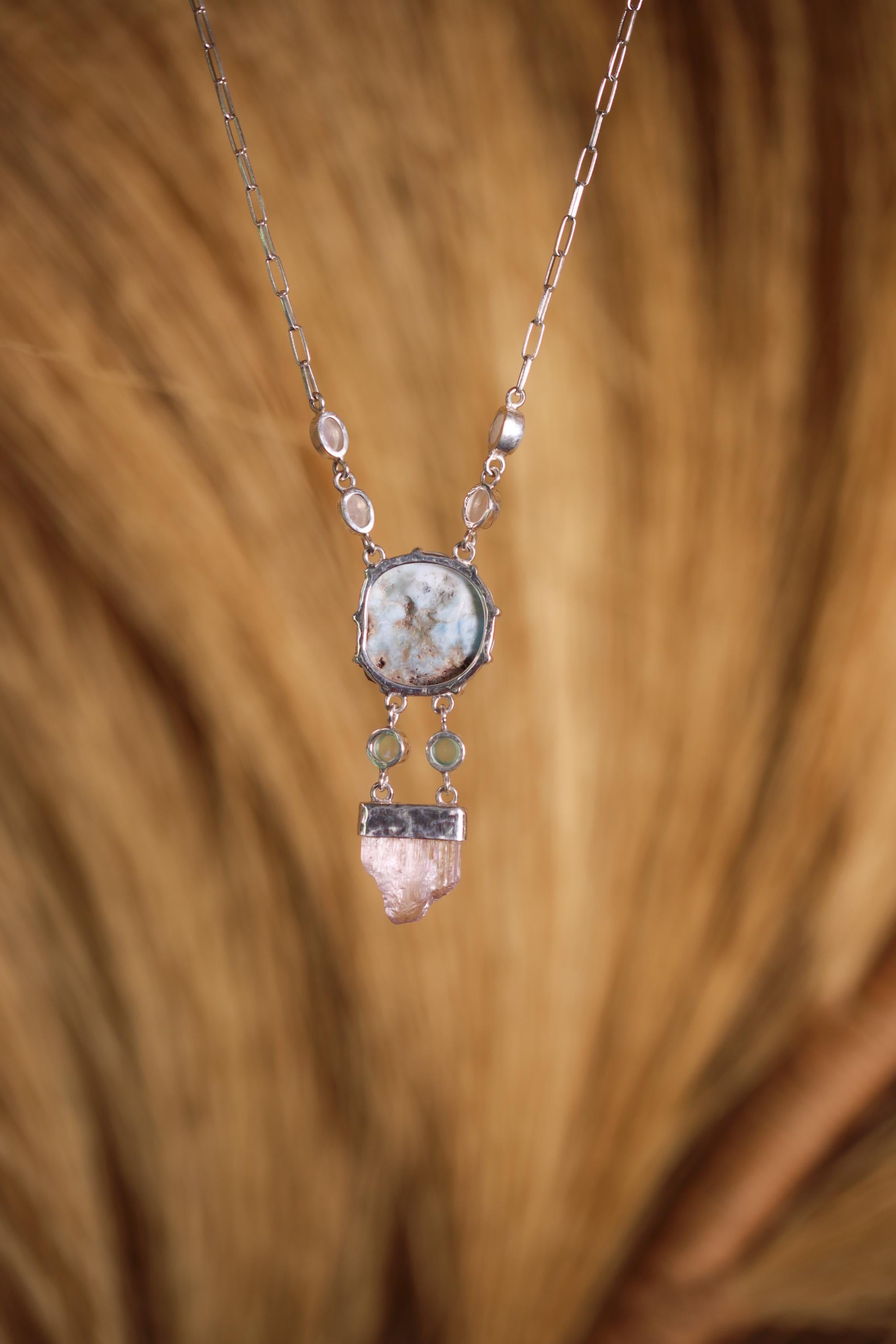 Larimar & Kunzite Pendant, Atlantis Stone Jewelry, Sterling Silver, Lemurian Energy Necklace, Ancient Light Seeker, Gift for a Visionary