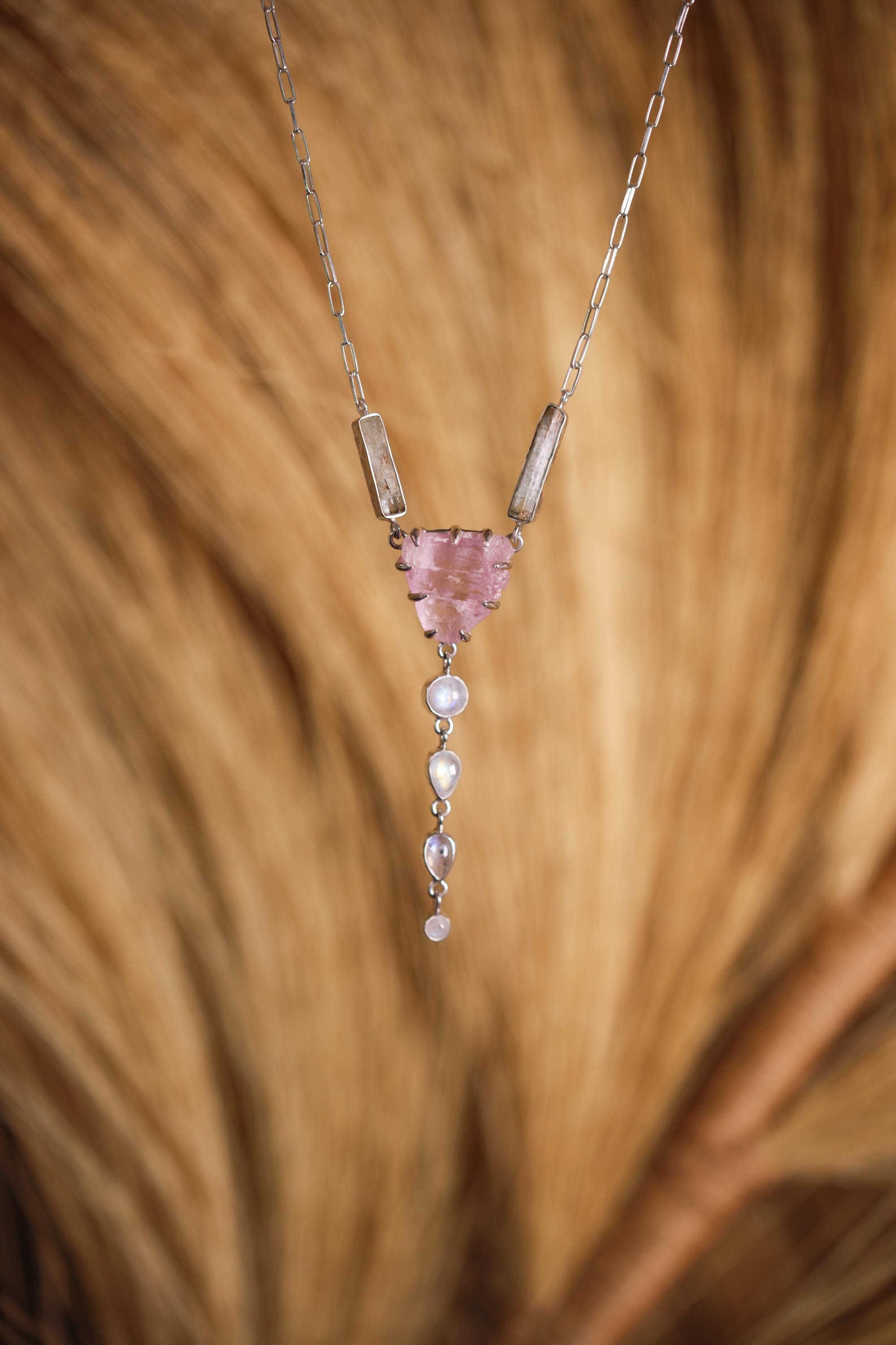 Pink Kunzite, Aquamarine & Blue Moonstone Pendant, Shiny Sterling Silver, Heart and Throat Chakra, Unique Gift