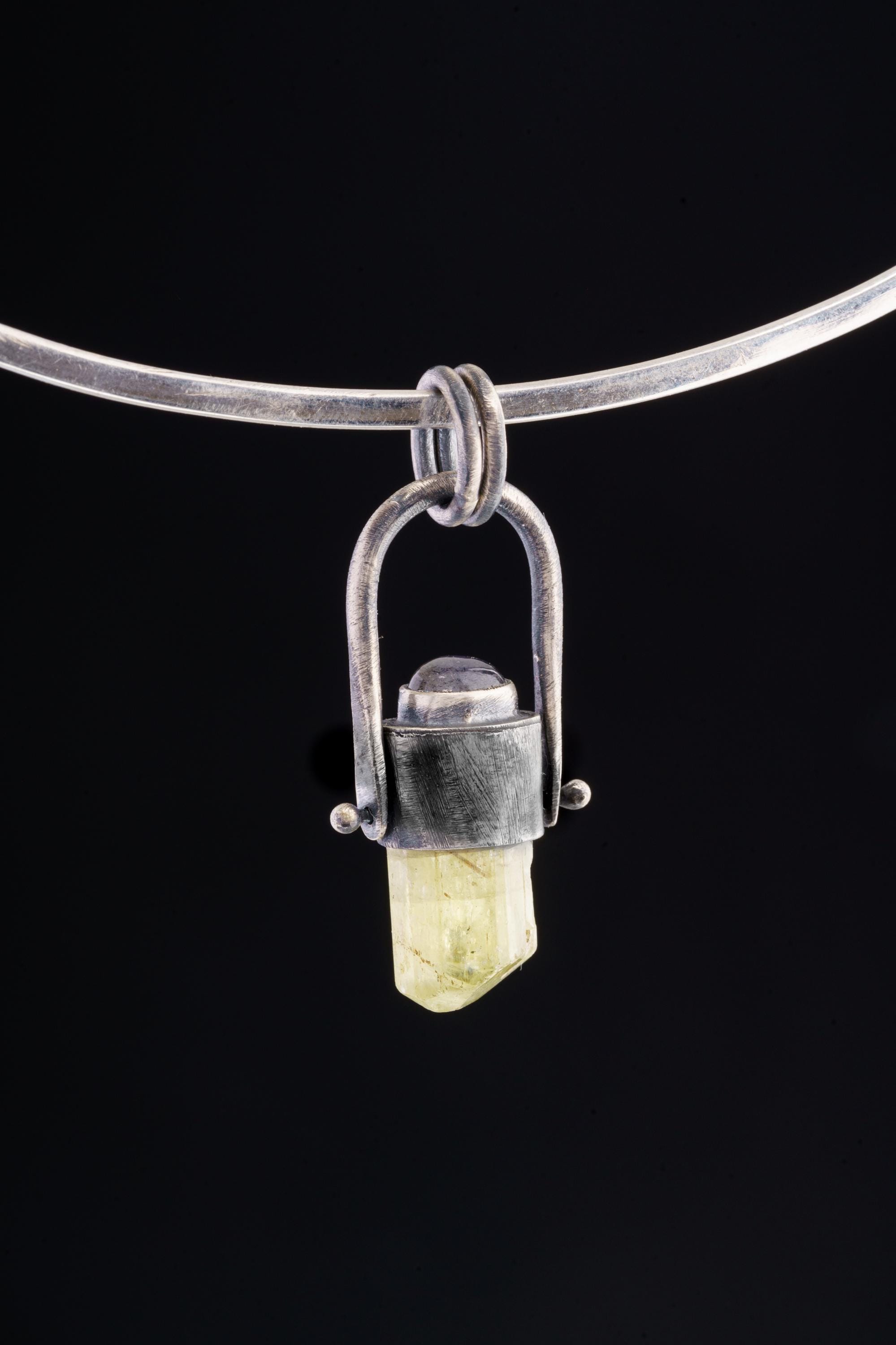 Labradorite and Yellow Dangling Gem Apatite - Oxidized & Brushed Pendant - Sterling Silver Set - Spinning Crystal Necklace