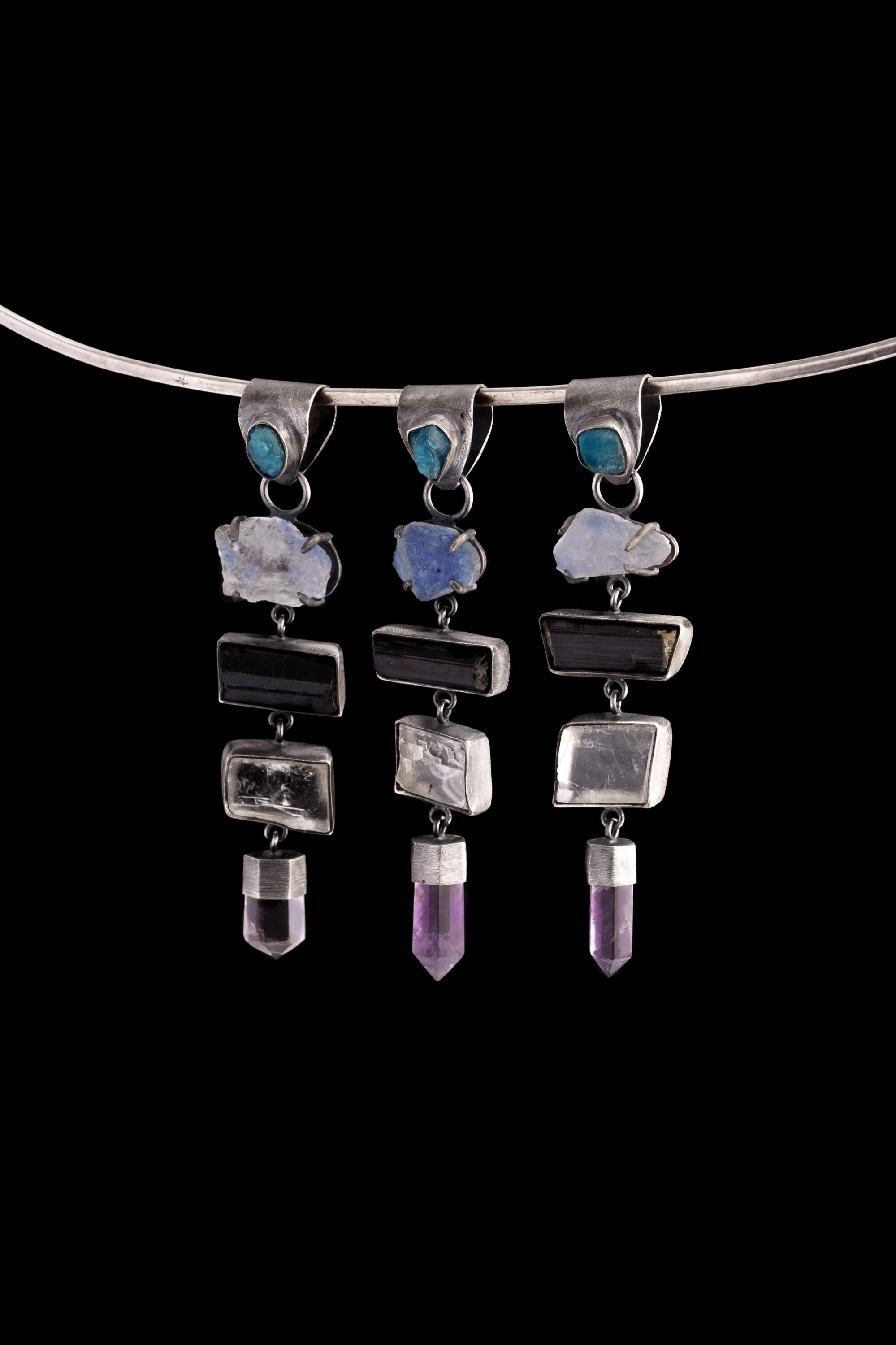 Blue Apatite, Tanzanite, Black Tourmaline, Selenite & Amethyst Zodiac Pendant, Oxidized Brushed Sterling Silver, Perfect Spiritual Gift