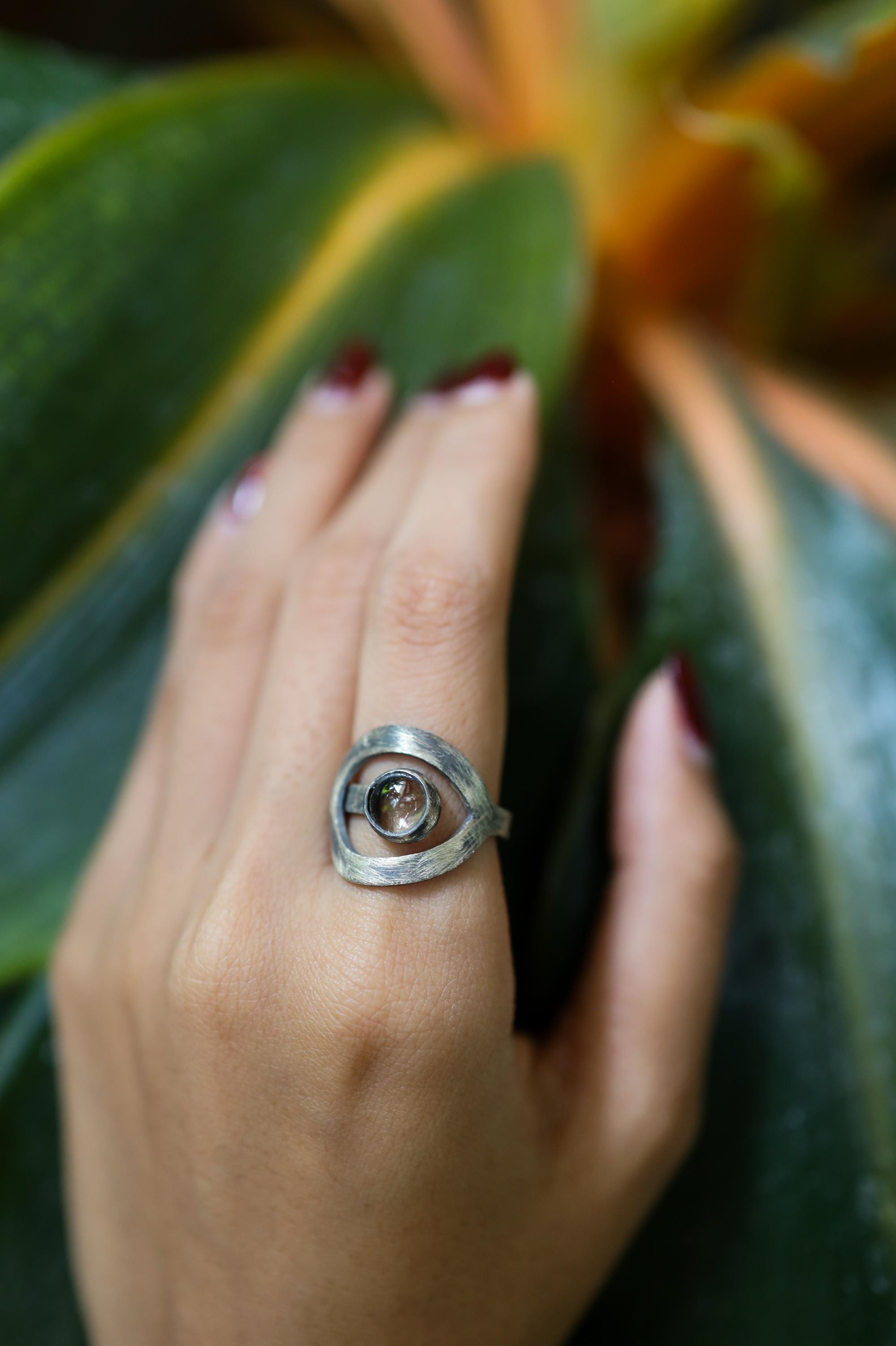 Round Smokey Quartz - 925 Sterling Silver - Heavy Set Adjustable Loop Ring - Scratch Textured - Size 5-9 US - NO/23