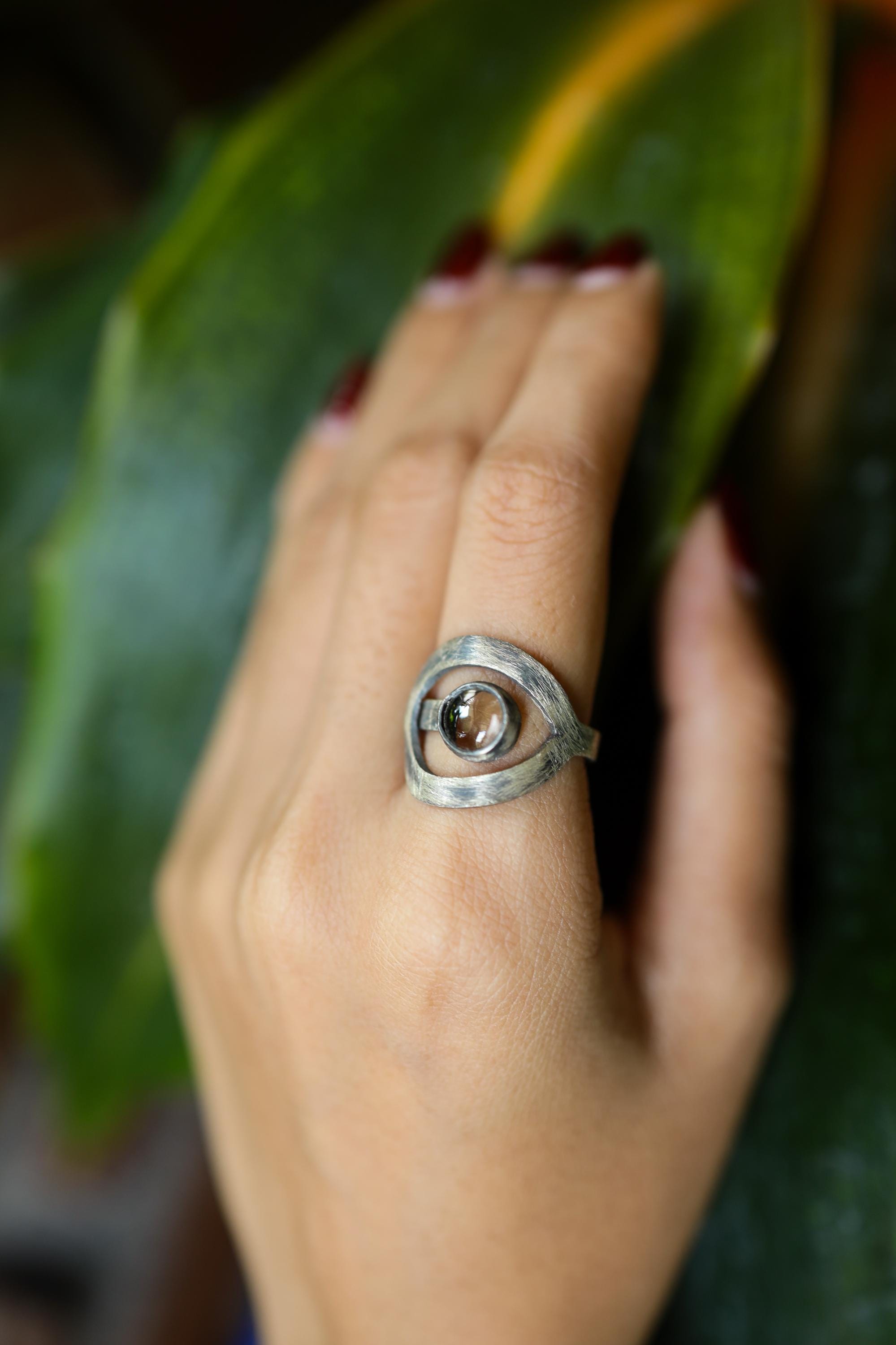 Round Smokey Quartz - 925 Sterling Silver - Heavy Set Adjustable Loop Ring - Scratch Textured - Size 5-9 US - NO/23