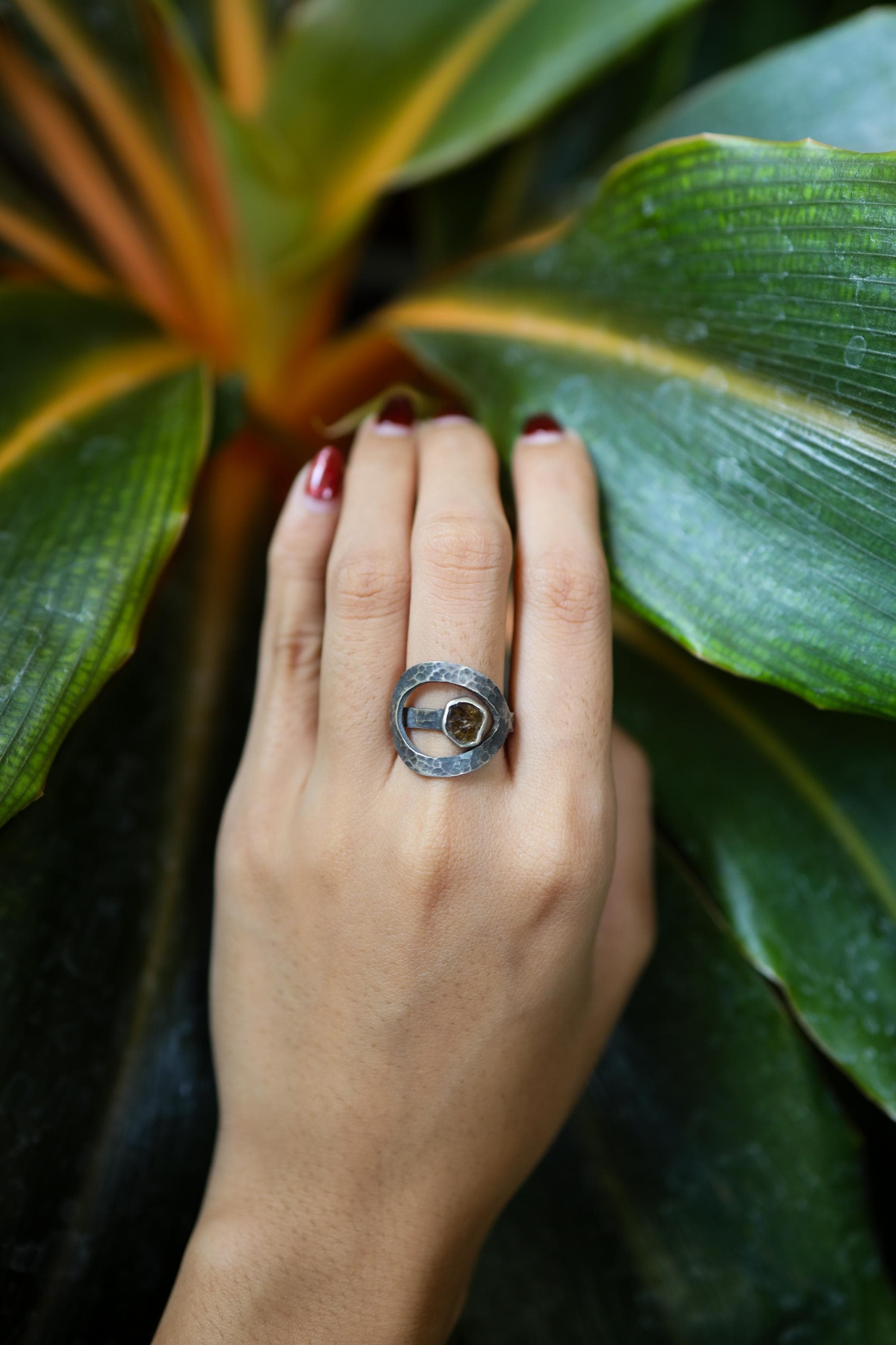 Raw Gem Dravite Brown Tourmaline - 925 Sterling Silver - Heavy Set Adjustable Loop Ring - Scratch Textured - Size 5-9 US - NO/4