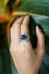 Round Lapis Lazuli - 925 Sterling Silver - Heavy Set Adjustable Loop Ring - Scratch Textured - Size 5-9 US - NO/21