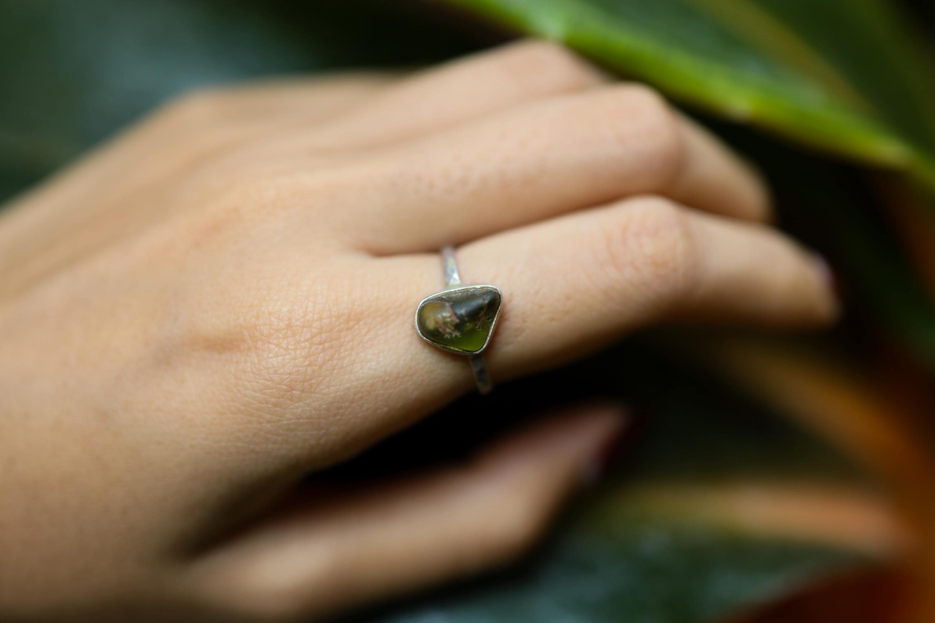 Natural River Found Australian Peridot - Thin Band Stack Ring - Size 5 3/4 US - 925 Sterling Silver - Hammer Textured