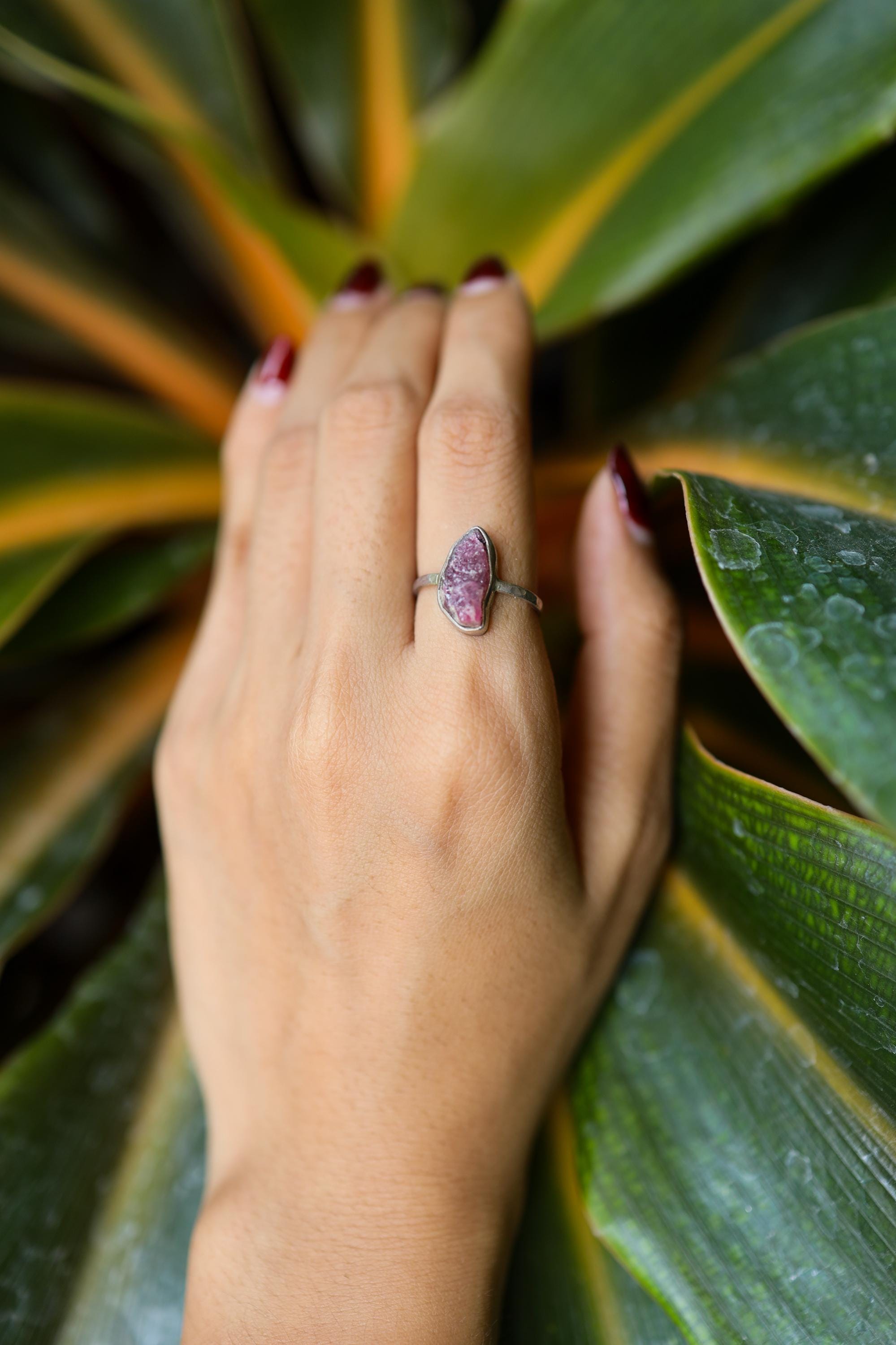 Pink gem Tourmaline Rubellite - Stack Crystal Ring - Size 6 1/4 US - 925 Sterling Silver - Thin Band Hammer Textured