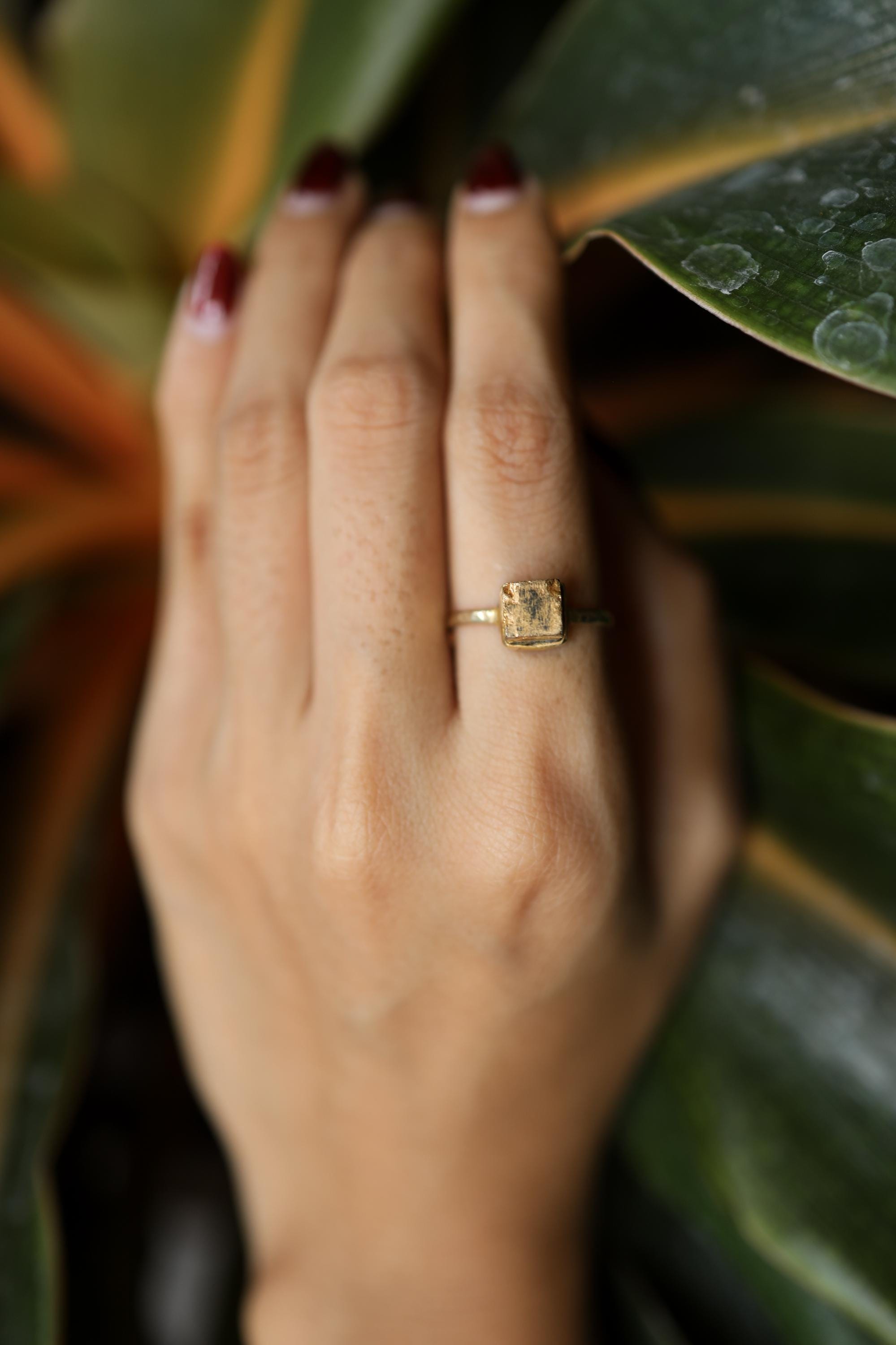 Gold Coated Australian Cubic Pyrite - Stack Crystal Ring - Size 6 1/4 US - Gold Plated 925 Sterling Silver - Thin Band Hammer Textured