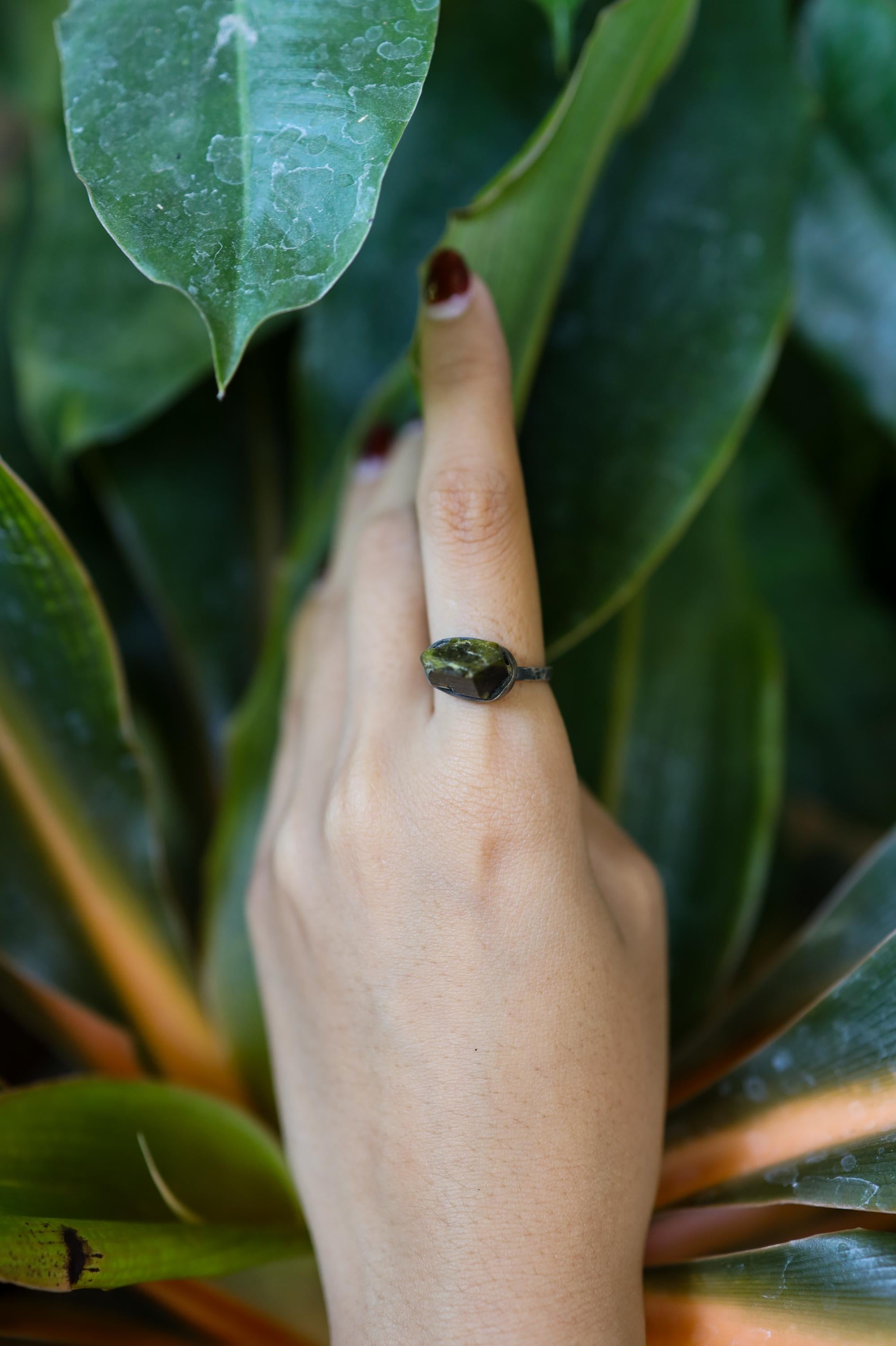 Textured & Oxidized Sterling Silver Ring with Raw Natural Gem Dioptase, Size 6 1/2 US, Heart Chakra, Virgo Zodiac, Emotional Healing