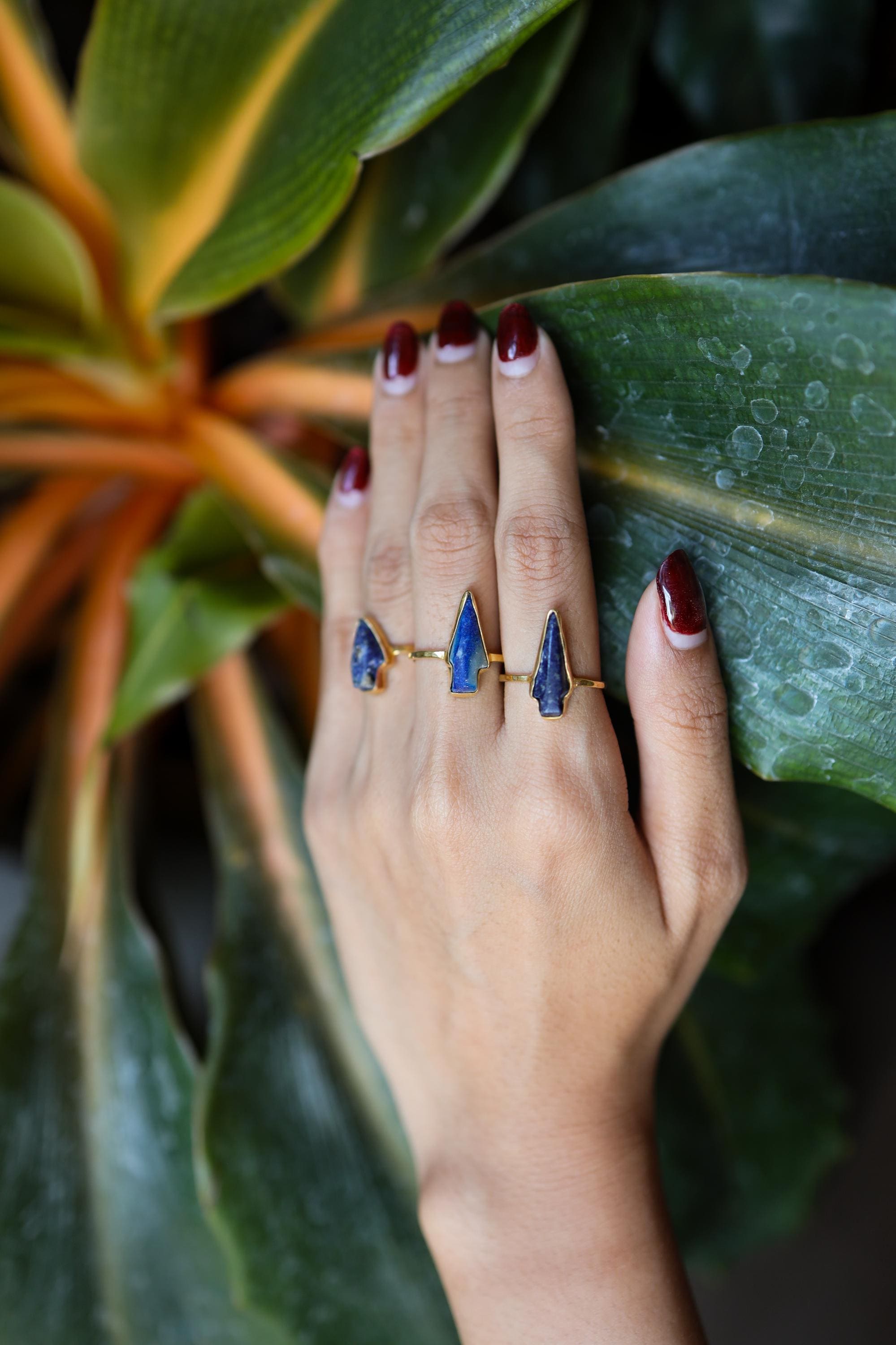 Antique Hand Craved Lapis Lazuli Arrow - Stack Crystal Ring - Gold Plated 925 Sterling Silver - Thin Band Hammer Textured