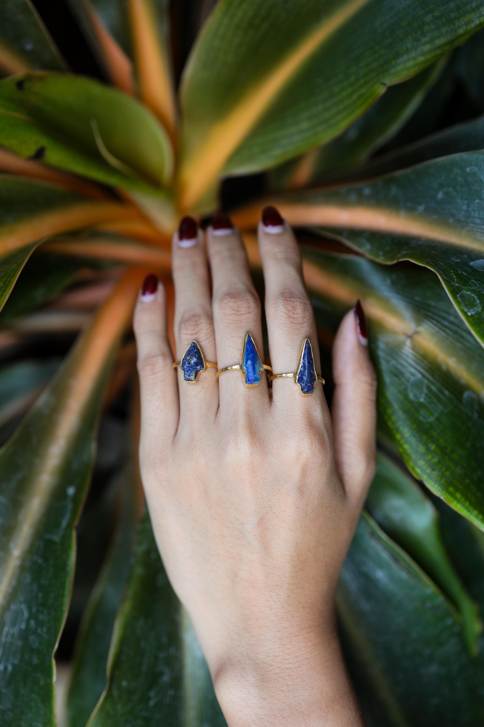 Antique Hand Craved Lapis Lazuli Arrow - Stack Crystal Ring - Gold Plated 925 Sterling Silver - Thin Band Hammer Textured