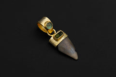 Ancient Megalodon Tooth Pendant with Raw Green Tourmaline & Aquamarine, 18K Gold-Plated Sterling Silver, Root Chakra, Unique Gift - NO/02