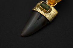 Ancient Megalodon Tooth adorned with Raw Green Tourmaline & Aquamarine Cabochon - Crystal Pendant Neckpiece - Gold Plated 18K - NO/01